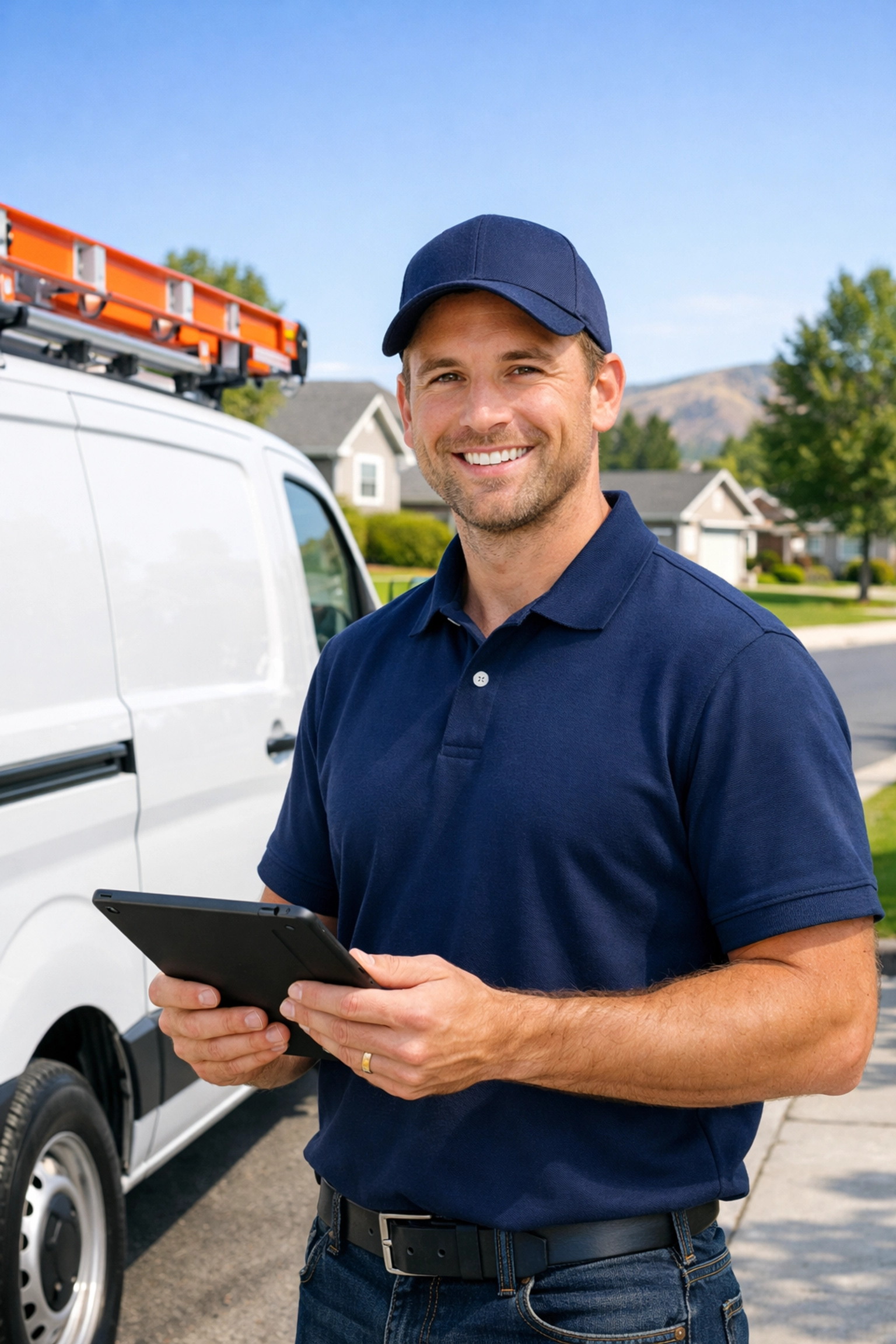 Friendly local internet service technician with a service van in a Clarkston Washington neighborhood.