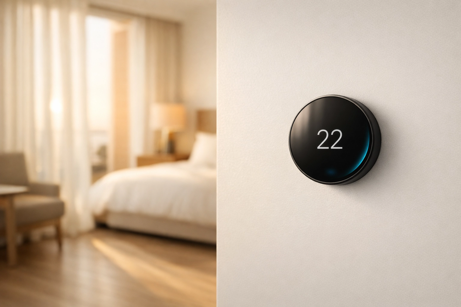 Smart thermostat in a hotel room showing energy-efficient temperature controls for reduced HVAC use.