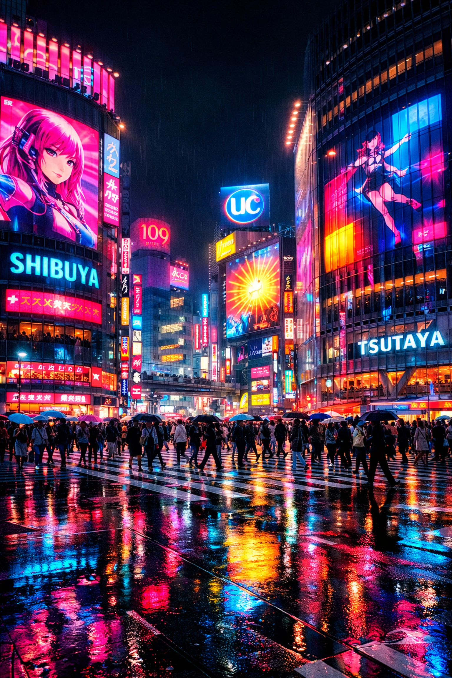 Tokyo Shibuya crossing at night with neon signs and LED screens