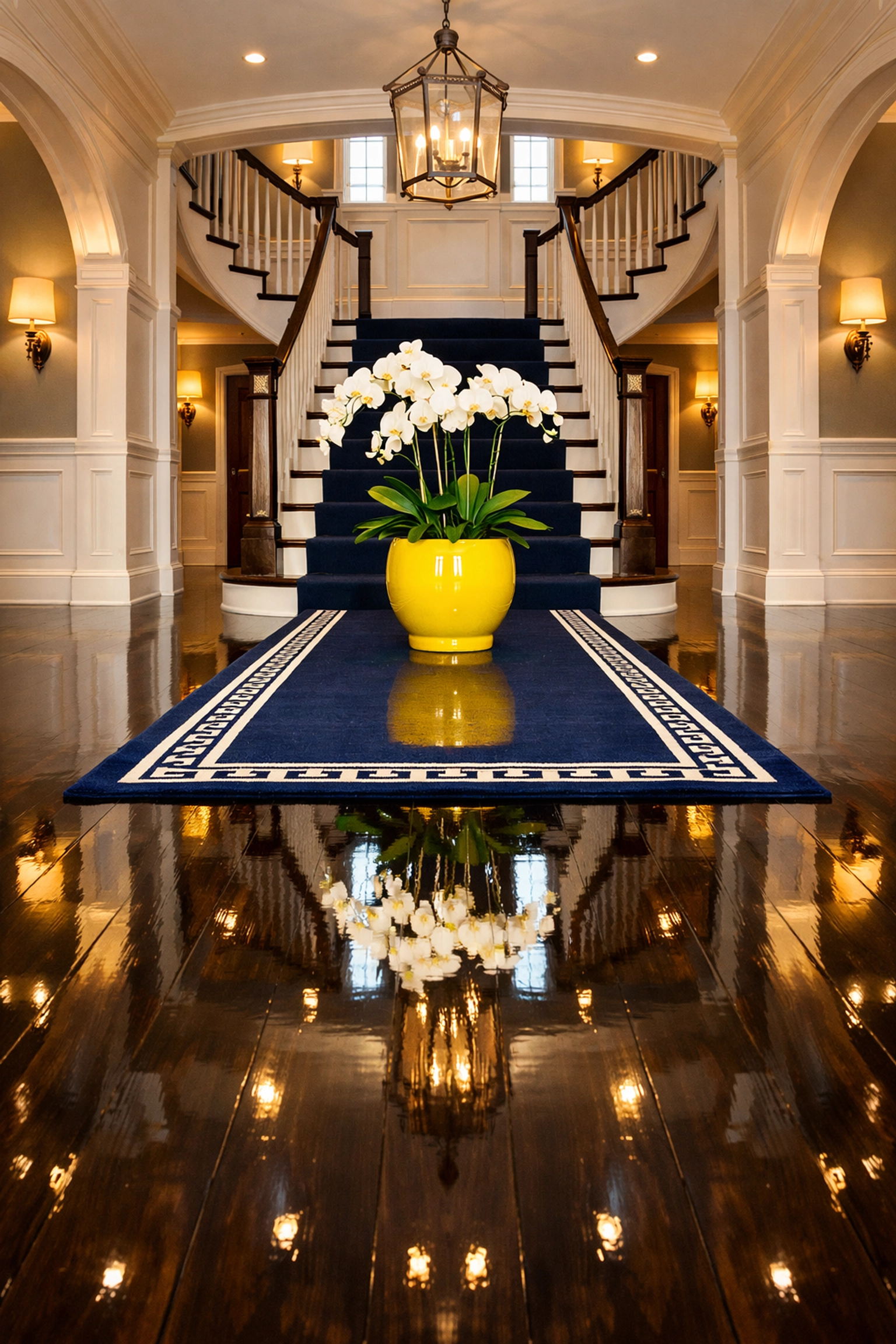 Gleaming hardwood floors in a grand foyer demonstrating the results of luxury house cleaning in Marblehead.
