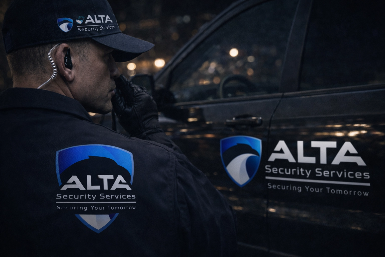 Professional security guard using modern two-way radio equipment for 24/7 event monitoring