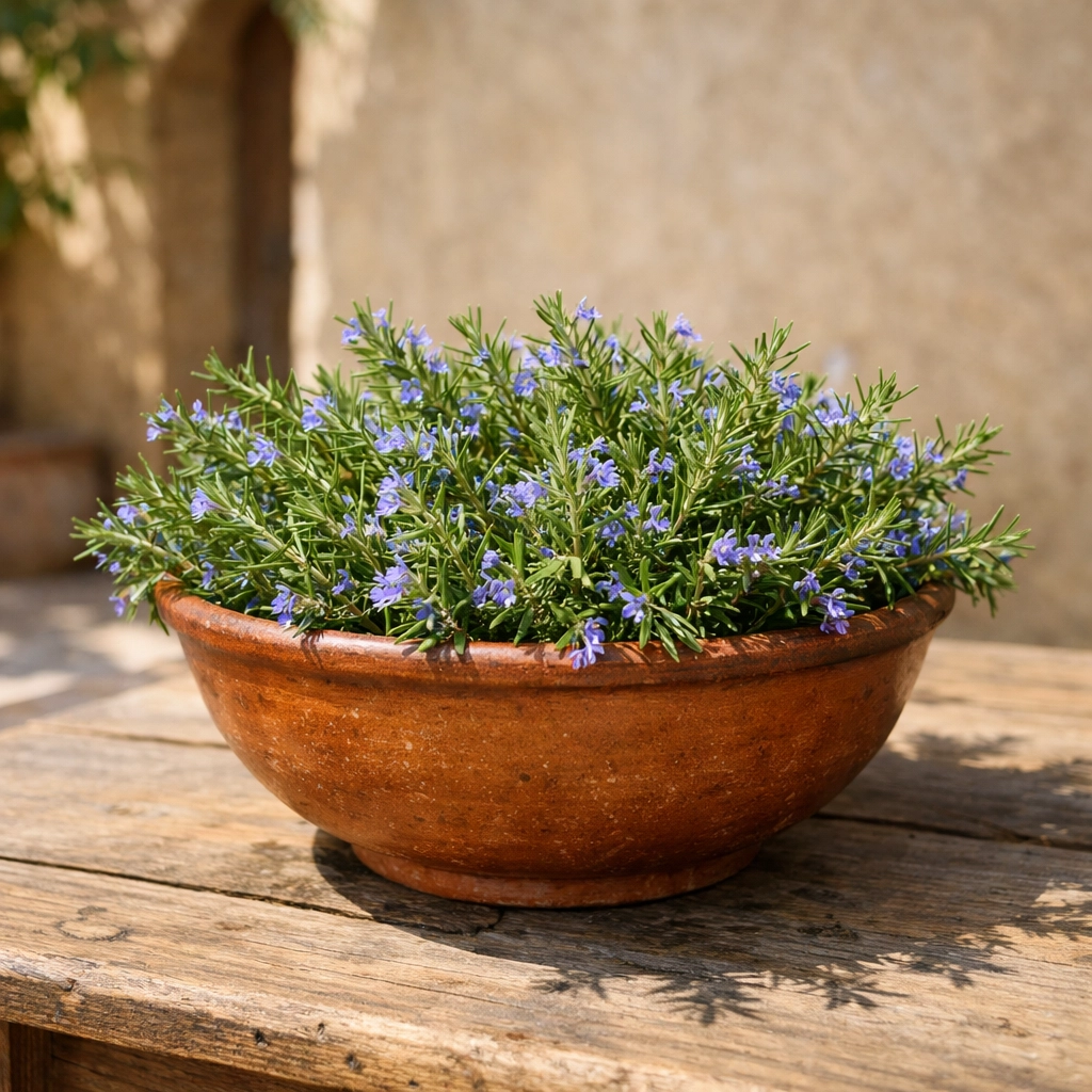 Fresh Moroccan Rosemary (Azir) sprigs in a terracotta bowl for natural hair care.