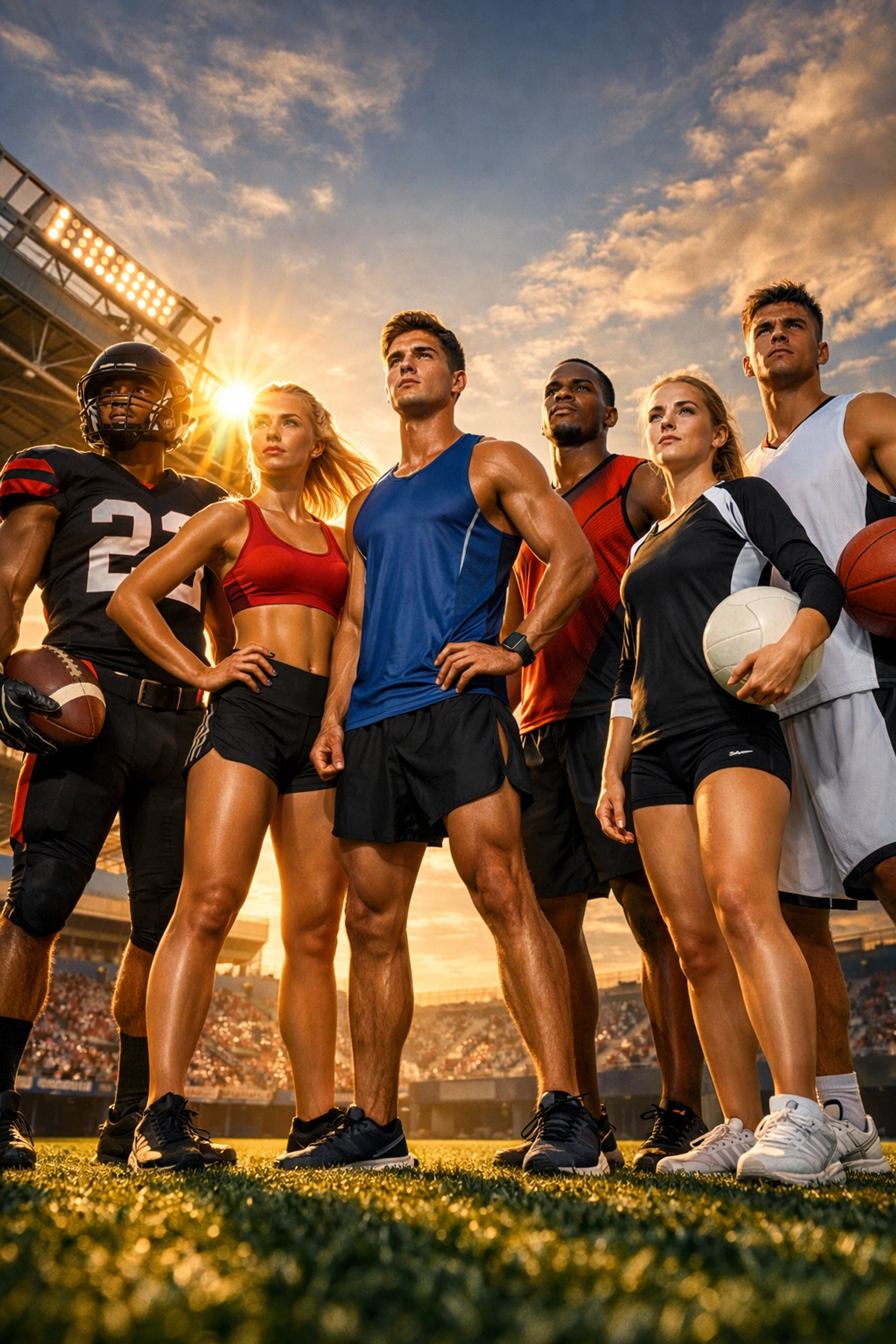 A diverse team of young athletes on a stadium field representing 20,000 voices in sports marketing.