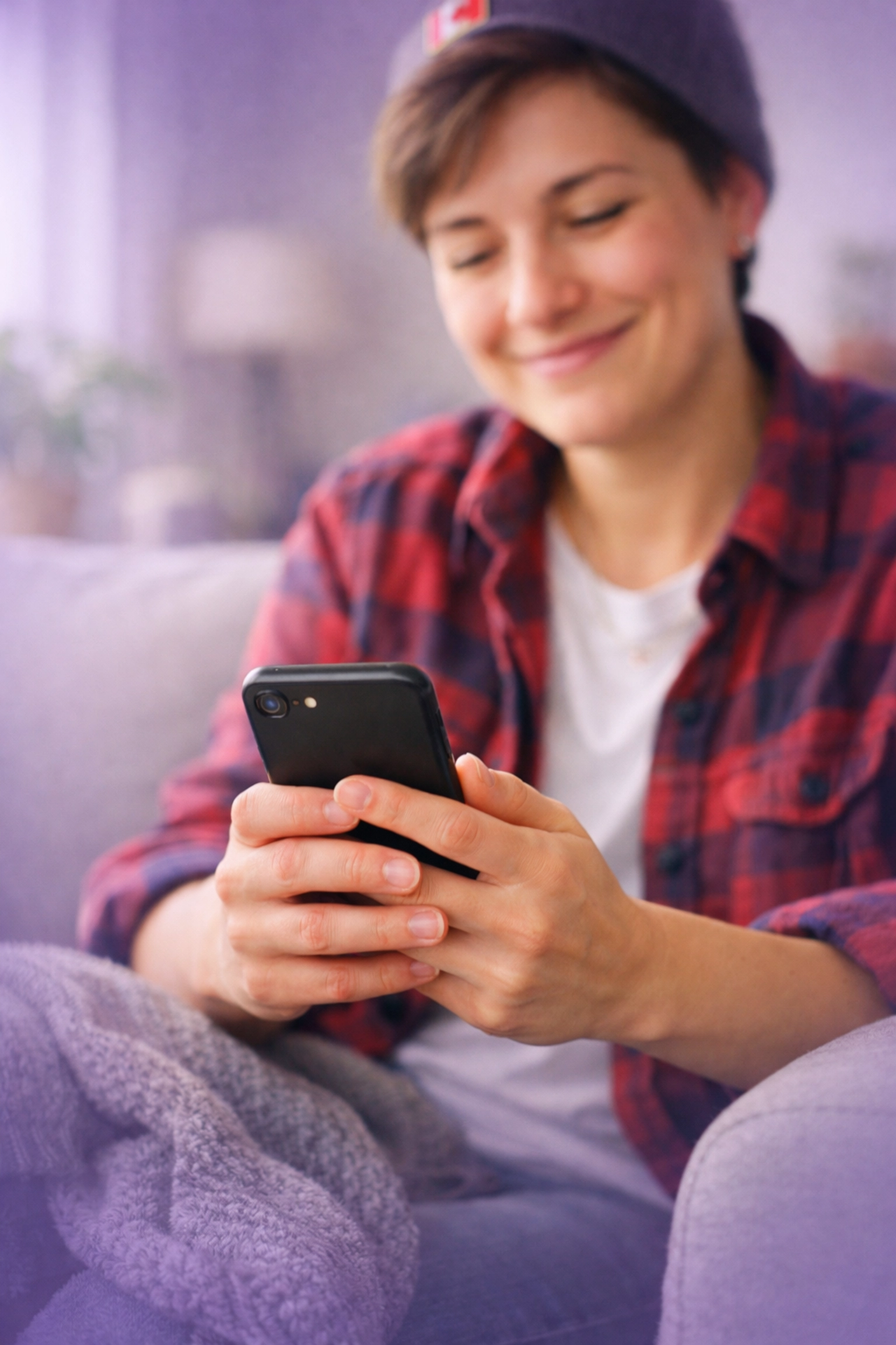 Relieved person on a sofa using a smartphone to apply for an instant loan with bad credit in Canada.