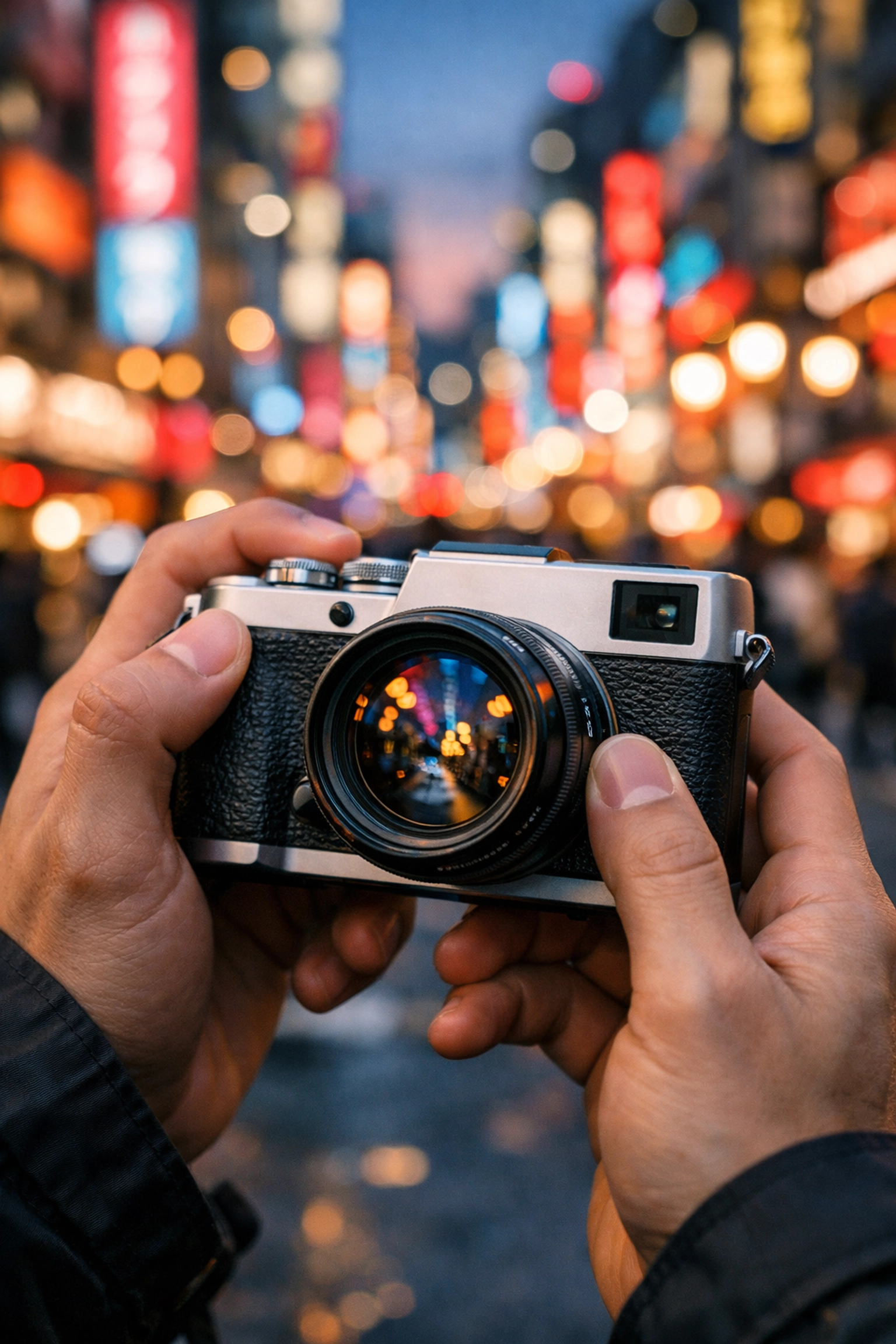 A compact mirrorless camera capturing a neon Tokyo street, highlighting today's photography news in travel gear.