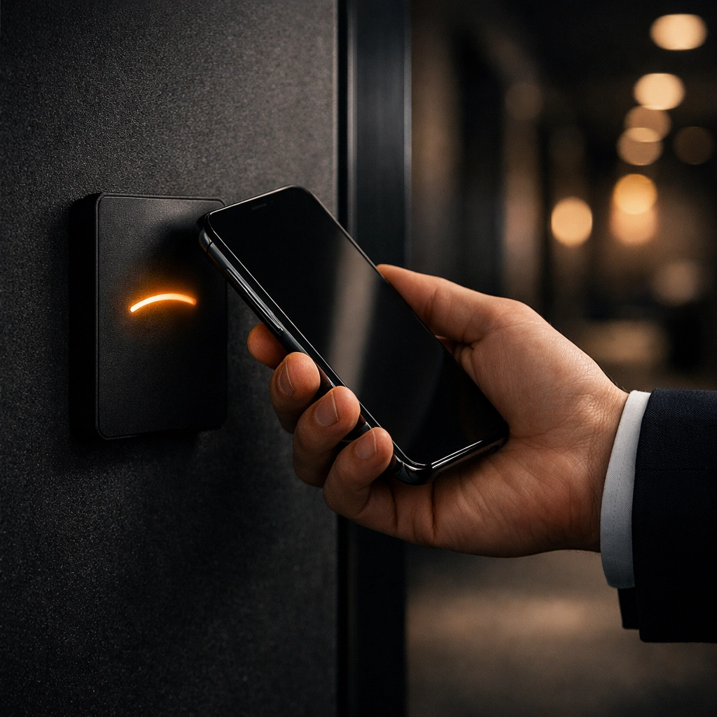 A person using a smartphone to unlock an office door via mobile access control.