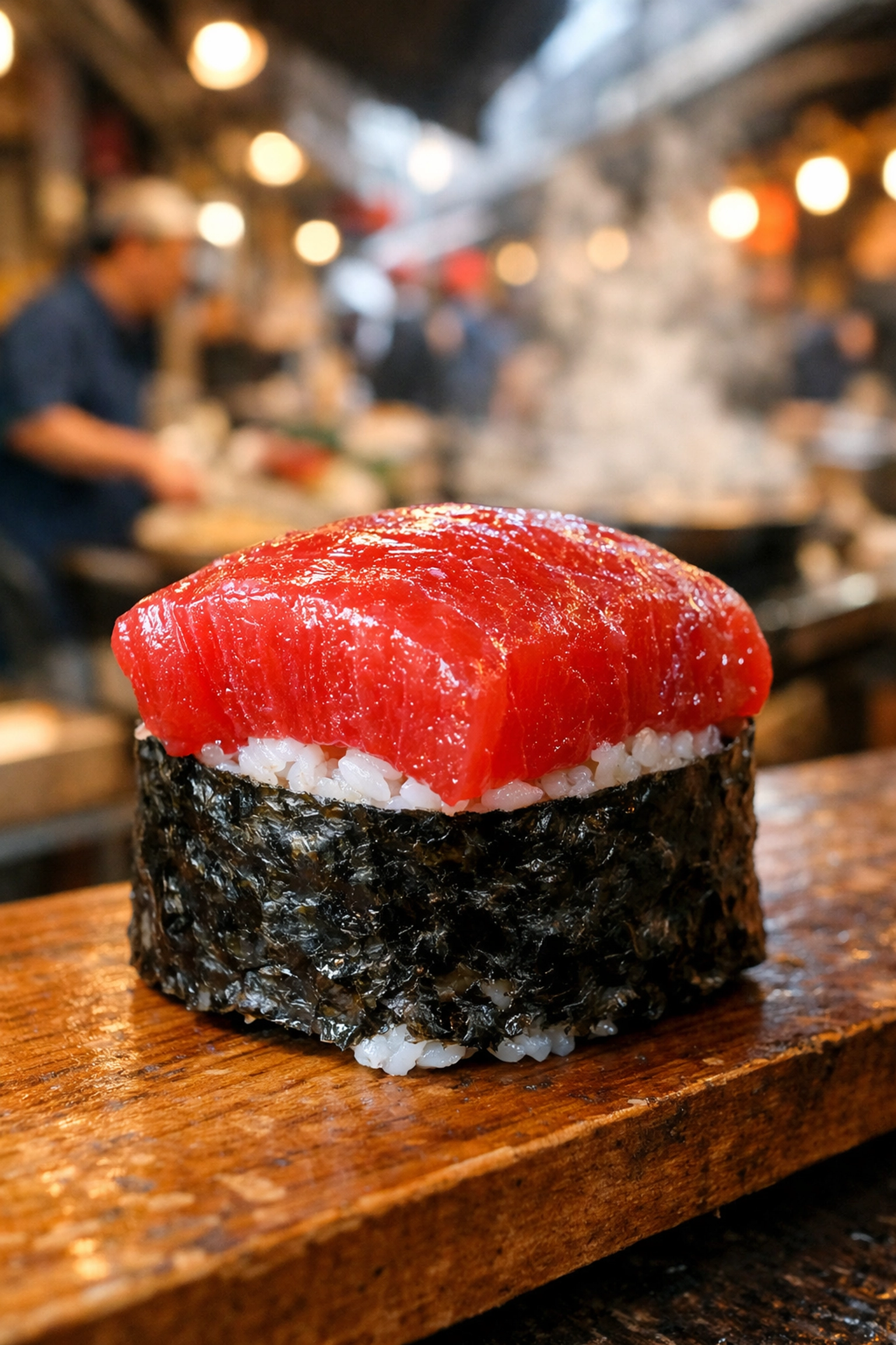 Fresh tuna magu-roll sushi served at a wooden counter in Tokyo's Tsukiji Outer Market.