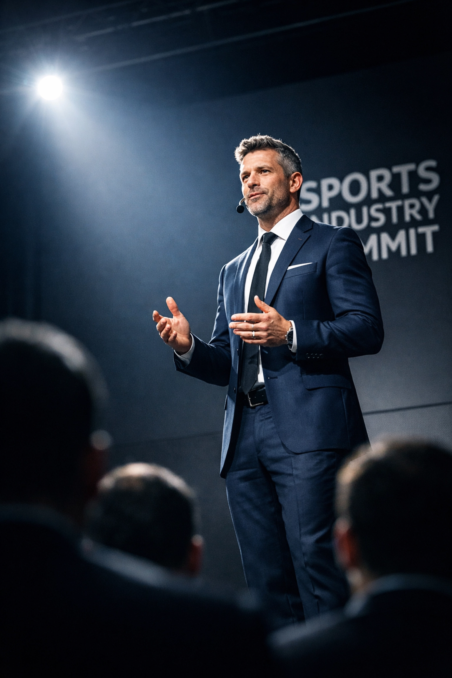 Sports Media Inc CEO Dan Kost speaking at a marketing summit about the future of NIL and athlete digital branding.