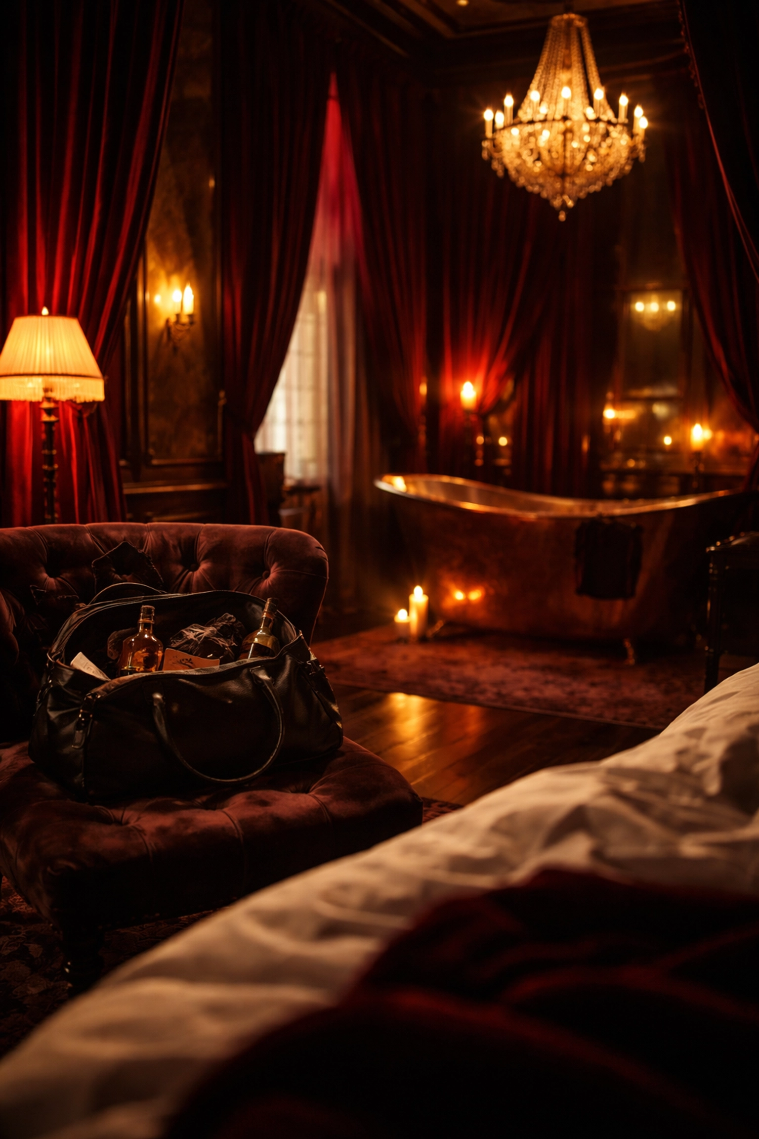 Luxurious Berlin boutique hotel room with velvet curtains, freestanding bathtub, and moody sensual lighting.