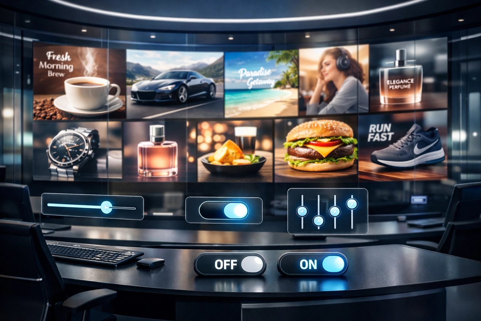 Modern ad control center displaying automated digital billboard creatives via a programmatic advertising platform.