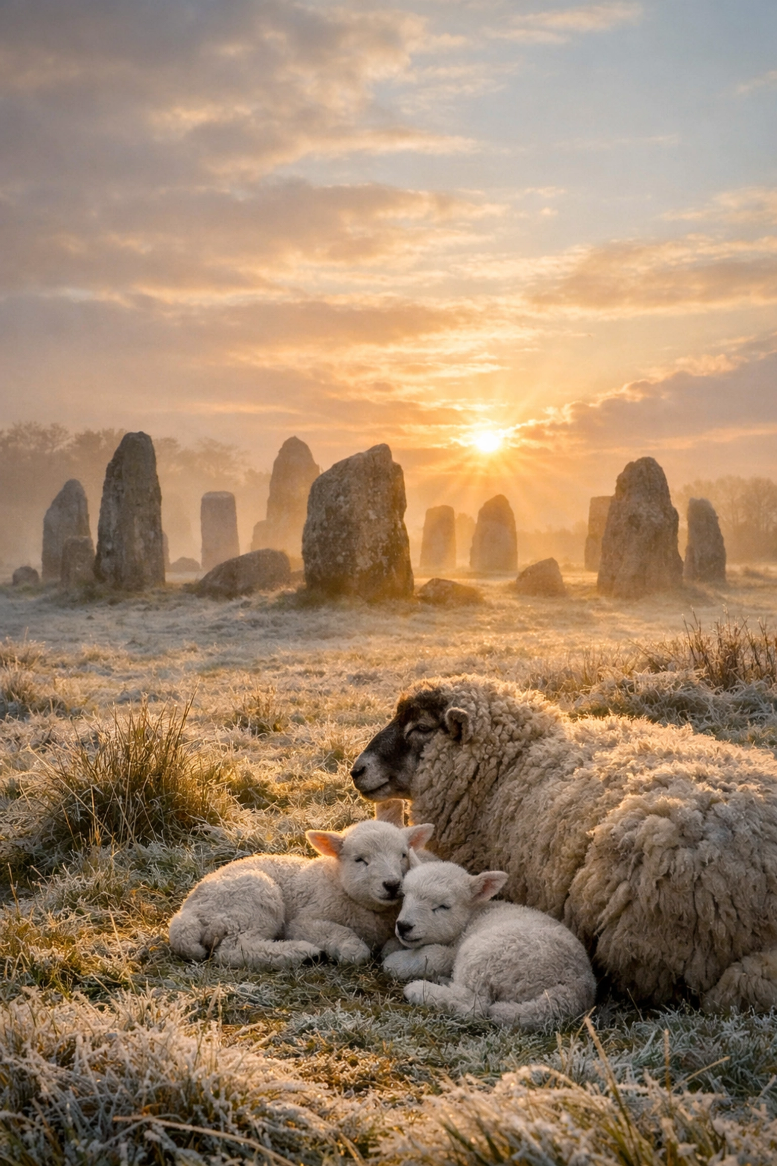 Celtic stone circle at dawn with newborn lambs celebrating Imbolc festival in early February