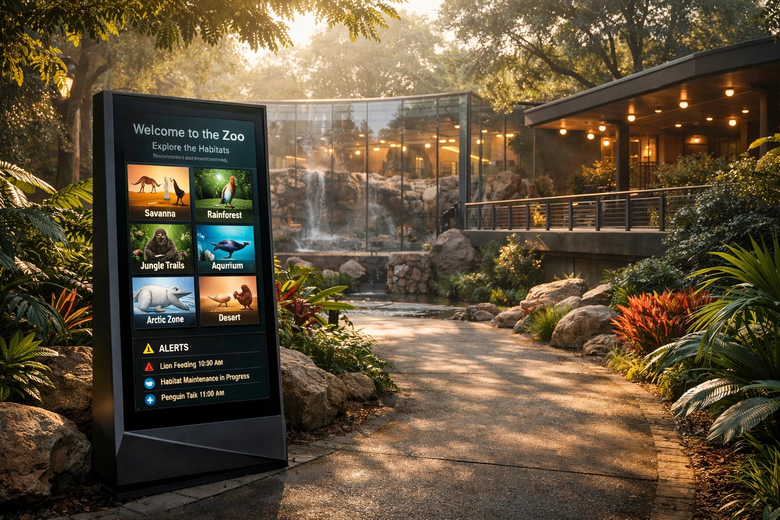 Interactive digital signage kiosk at a modern zoo exhibit entrance for enhanced guest engagement.