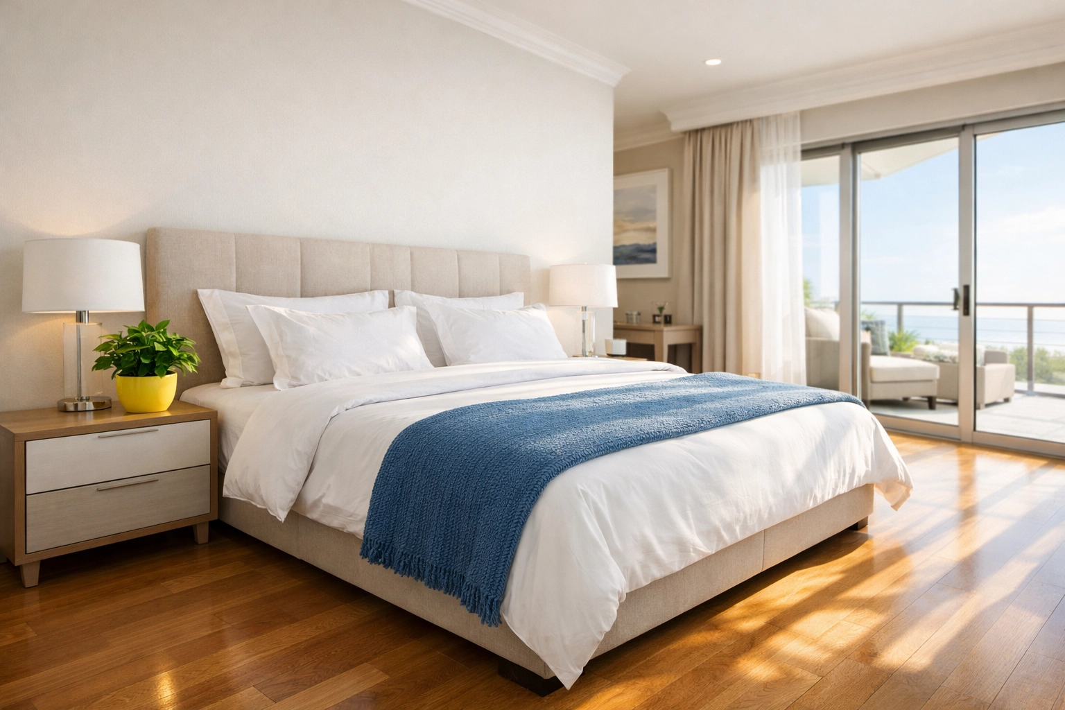 Dust-free bedroom with white linens and hardwood floors cleaned with eco-friendly products in Cambridge.