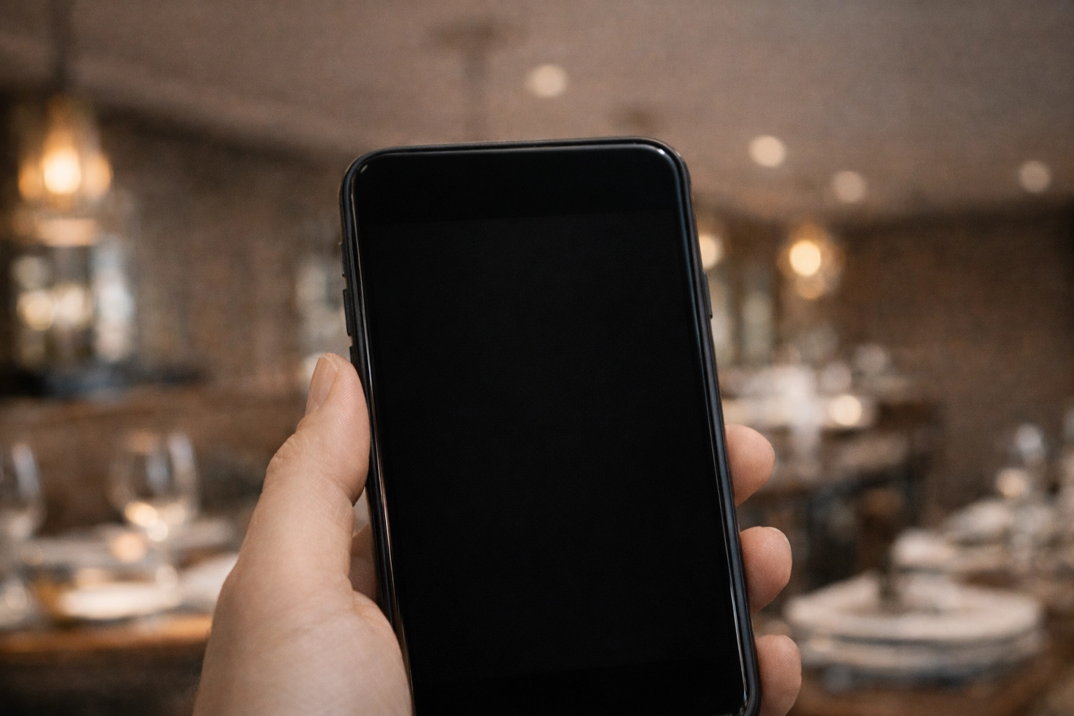 Customer using restaurant loyalty rewards app on smartphone in upscale dining room