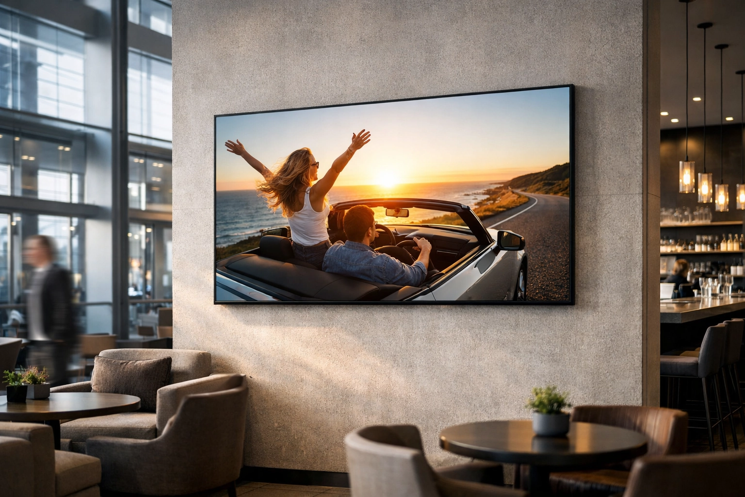 Professional digital signage screen integrated into a modern, minimalist indoor venue.