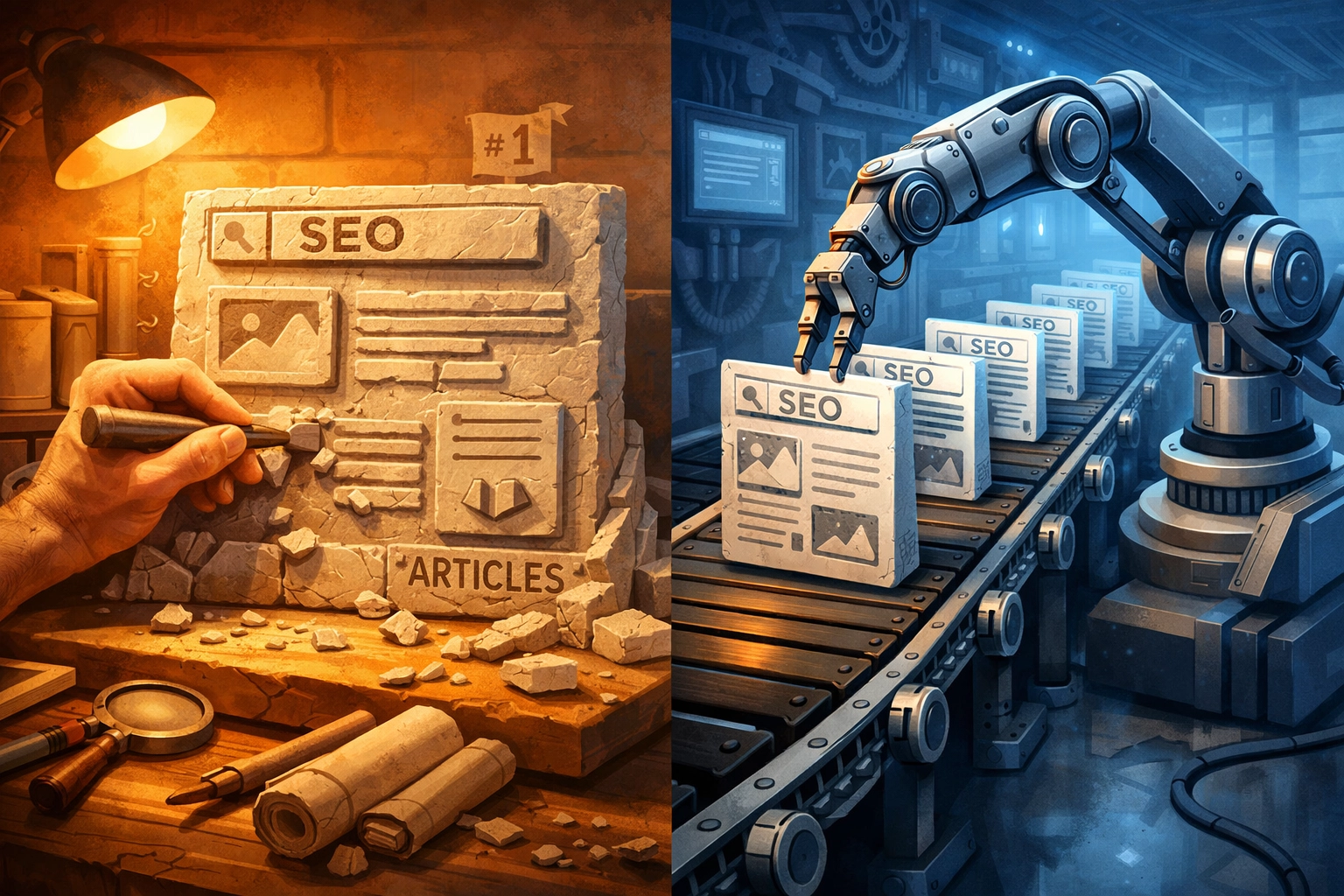 Comparaison SEO traditionnel vs programmatique : création manuelle contre automatisation industrielle