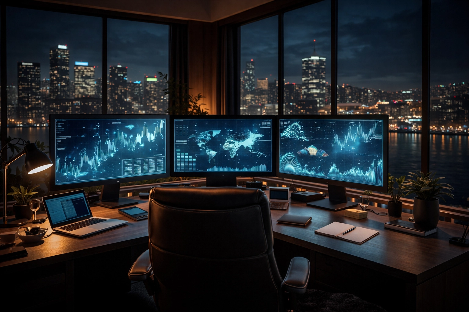 Professional wealth management workspace overlooking city skyline for portfolio analysis