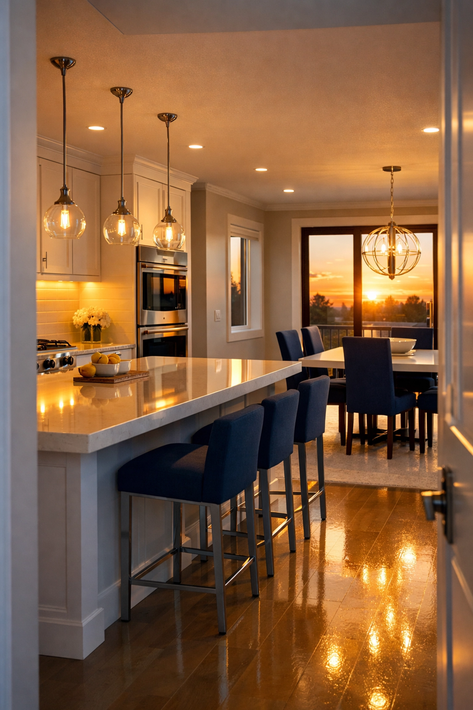 Sparkling modern kitchen with clean countertops after a premium weekly house cleaning service.