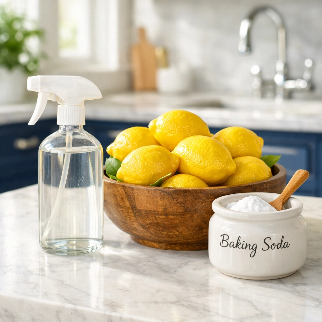 Natural green kitchen cleaning Worcester essentials like lemons and baking soda on a marble counter.