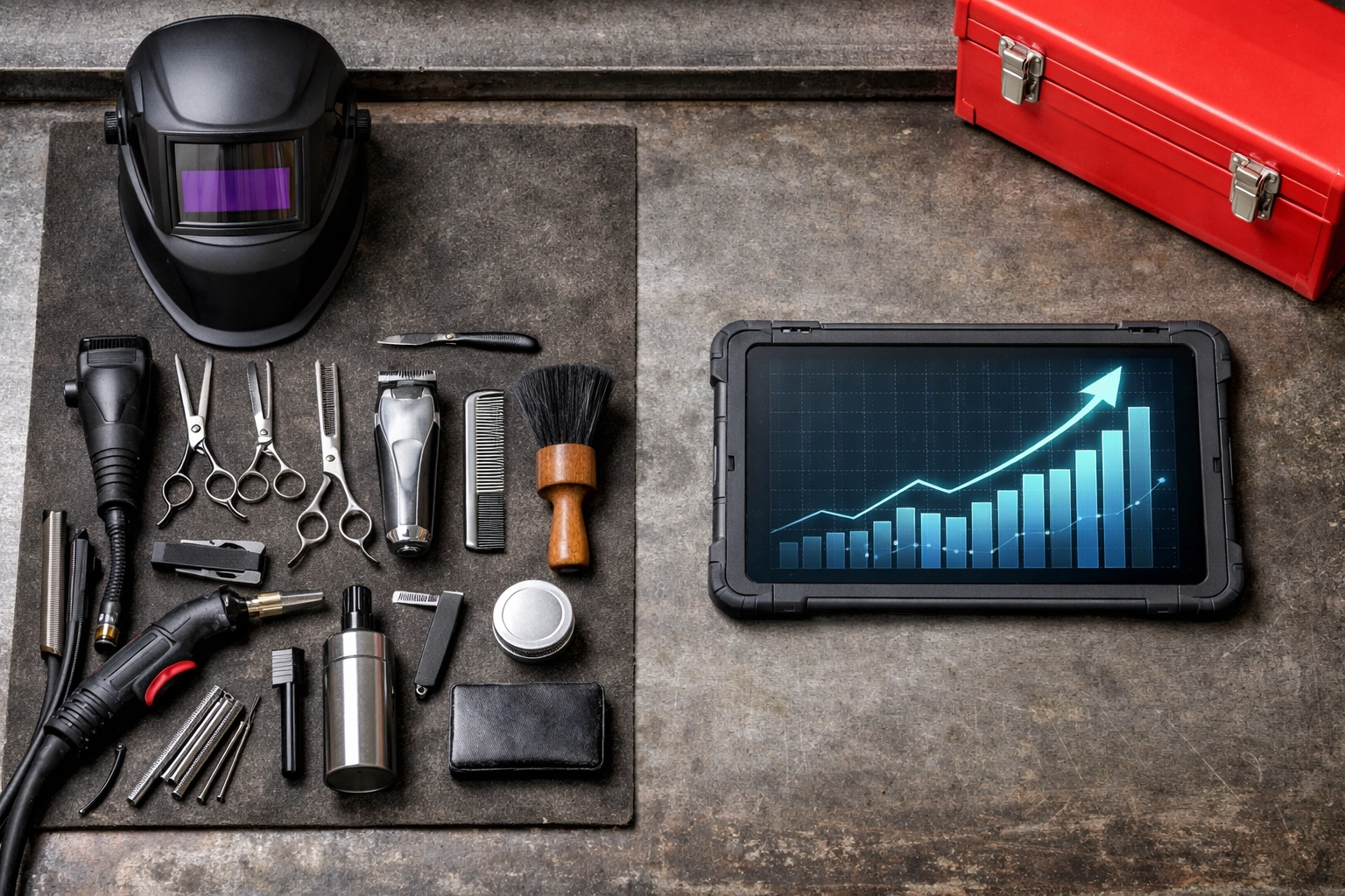 A tradesman's workbench with tools and a financial chart, illustrating a tactical debt freedom plan.