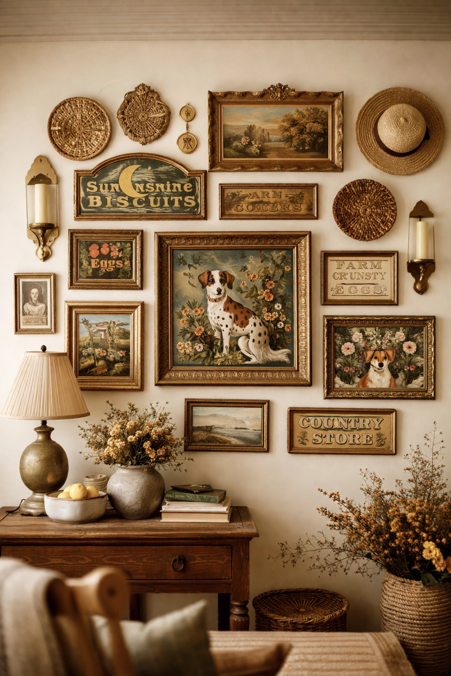 Maximalist gallery wall with folk art, tin signs, and woven pieces in a curated home setting