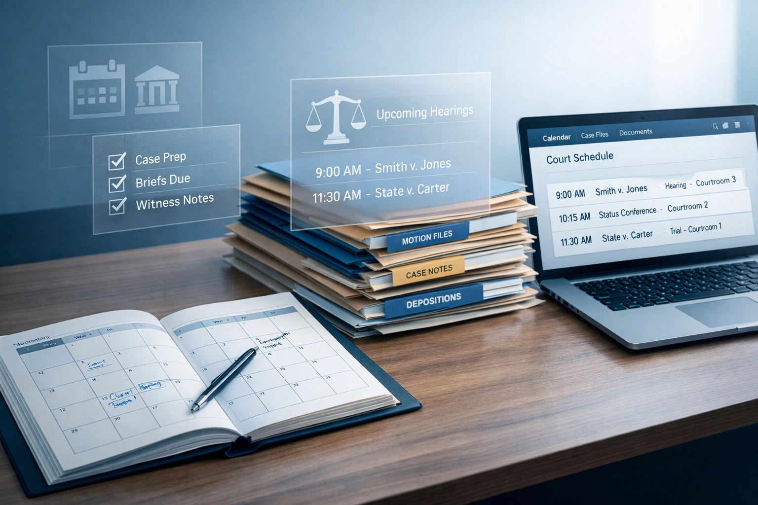 Organized divorce lawyer workspace with court calendar and case files