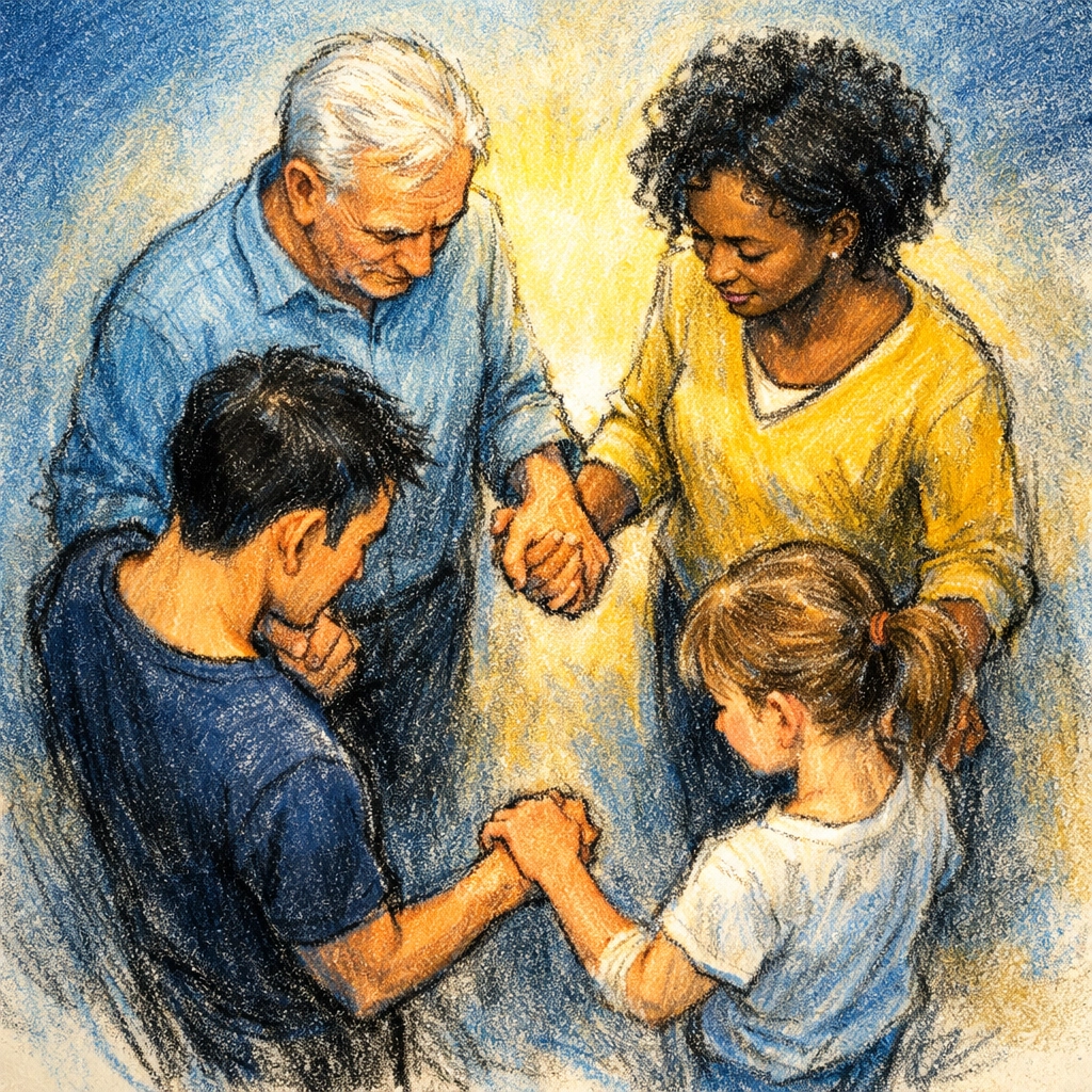 Diverse group praying together in circle at Memphis church community