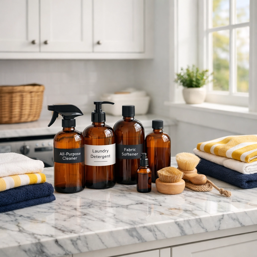 Eco-friendly house cleaning in Marblehead using certified green products in a sunny laundry room.