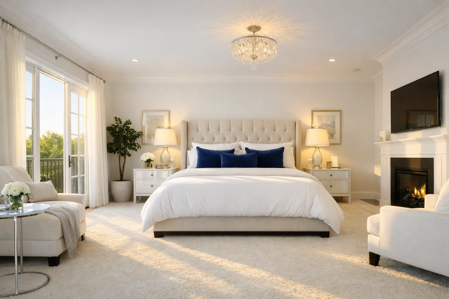 Sunlit, clutter-free master bedroom showcasing the peace of mind from residential cleaning in Medfield.