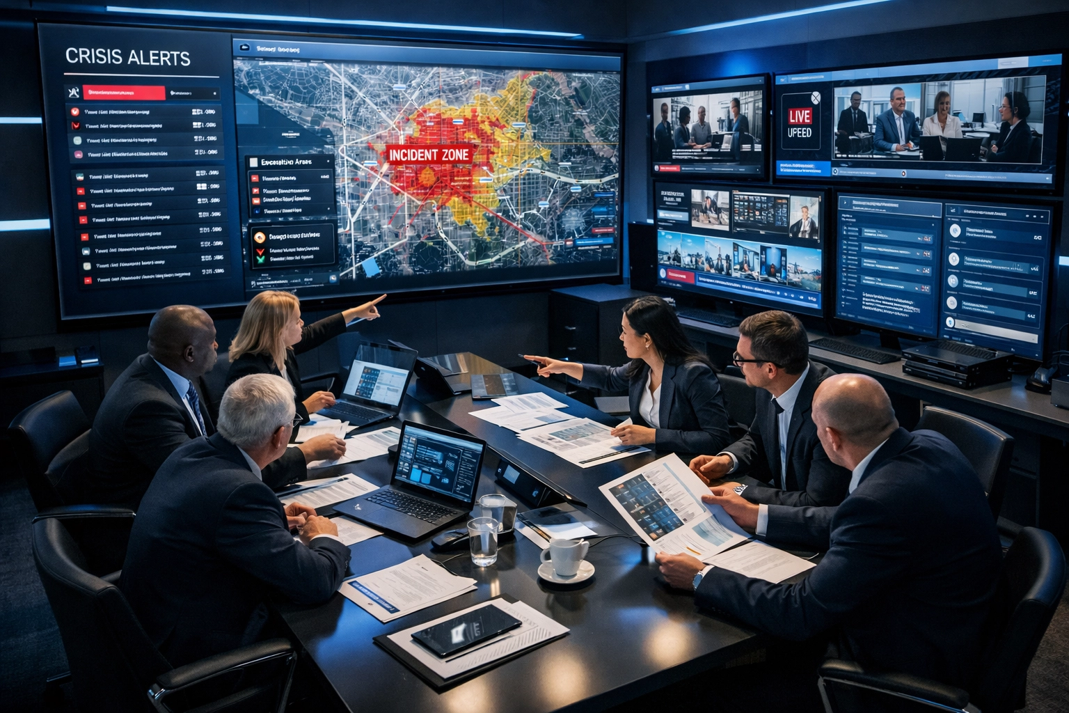 Corporate crisis command center with emergency management team monitoring real-time response systems