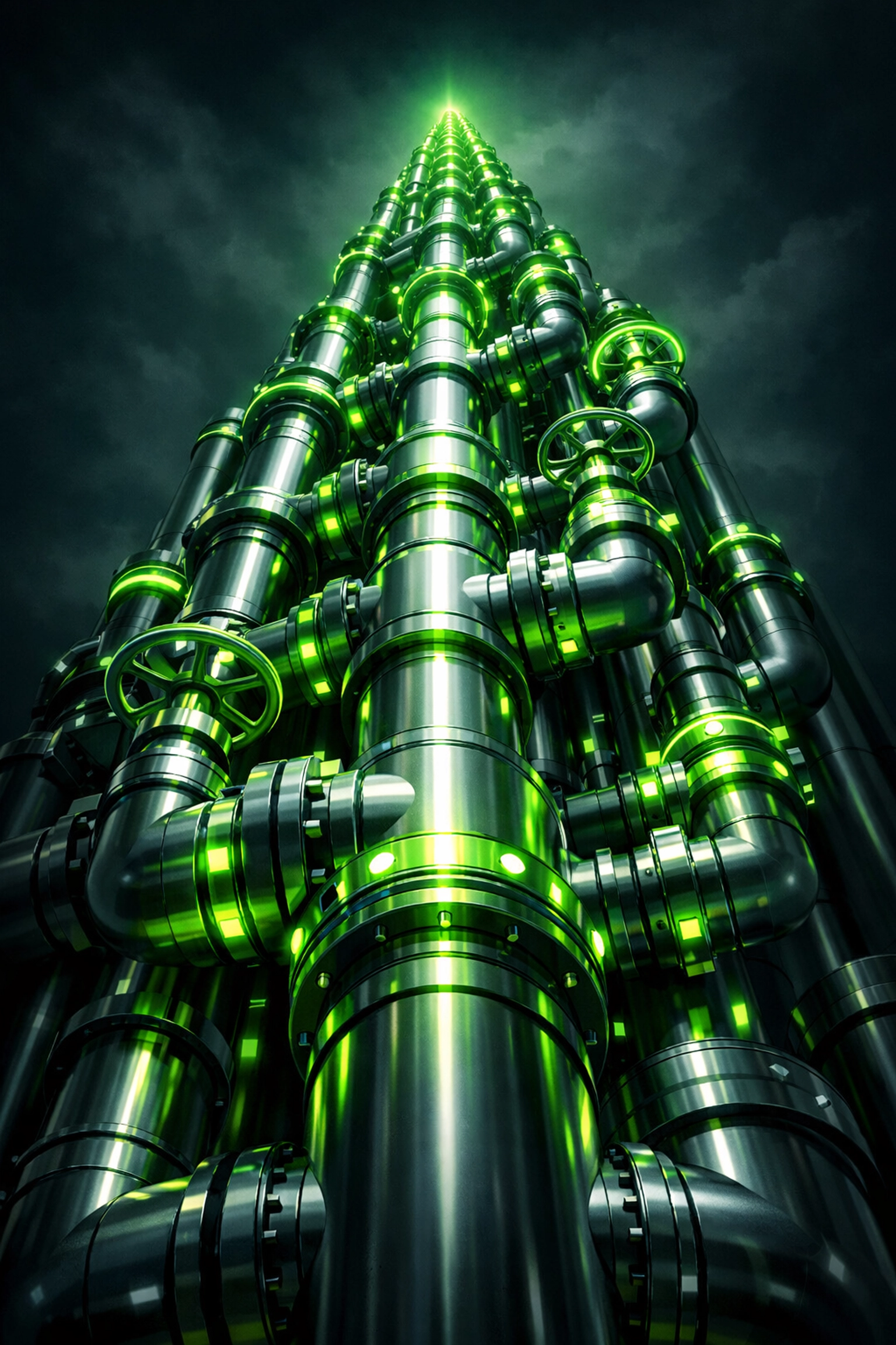 Rising industrial plumbing pipes with green highlights, symbolizing business growth in the Atlanta market.