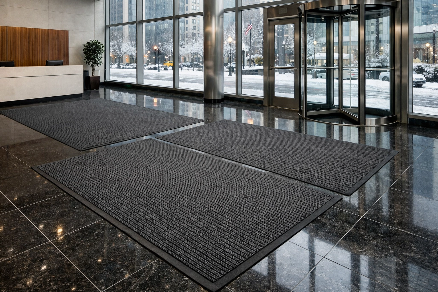 Modern Chicago office lobby with clean winter floor mats protecting tile from salt and moisture damage.