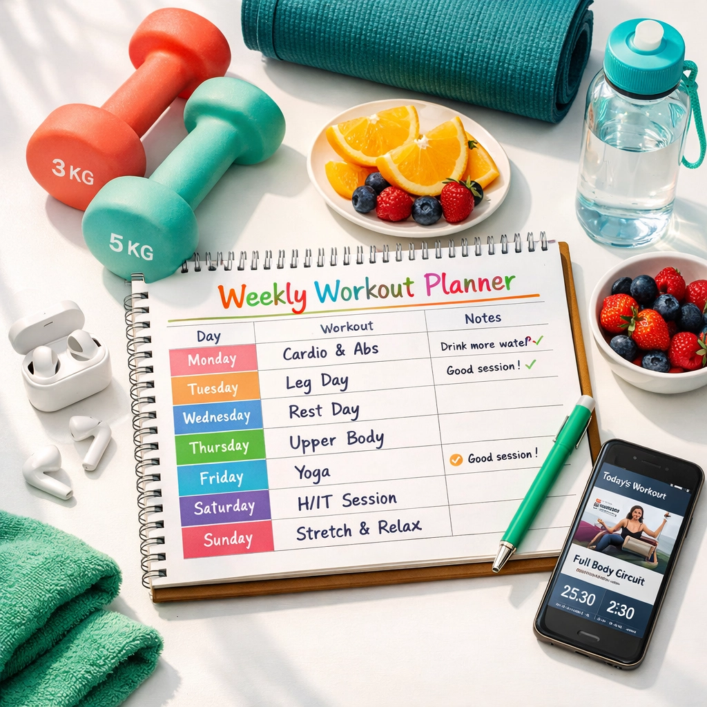Organized workout plan for weight loss with fitness equipment and healthy nutrition