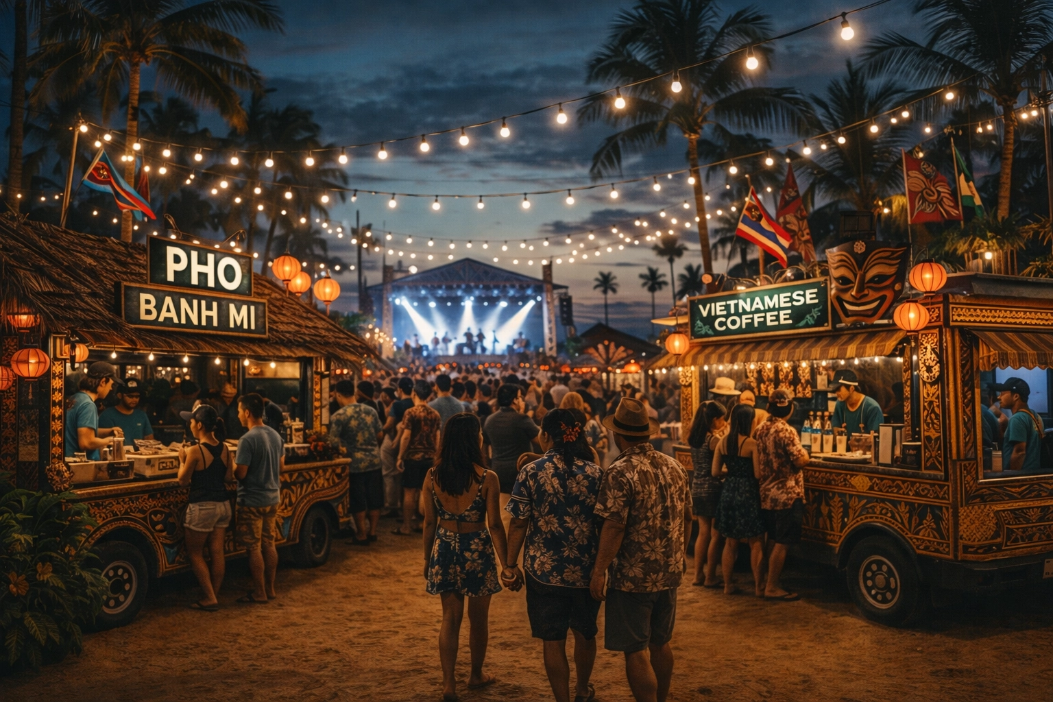 Vibrant Las Vegas cultural festival marketplace featuring Vietnamese and Polynesian fusion food trucks and a live music stage.