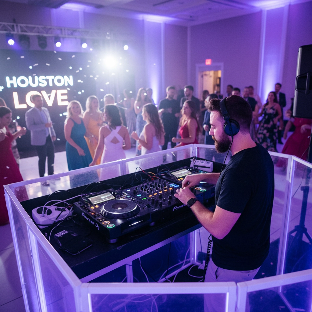 DJ performing at a party with a lively crowd dancing. Neon lights and "Houston Love" text create an energetic, festive atmosphere.