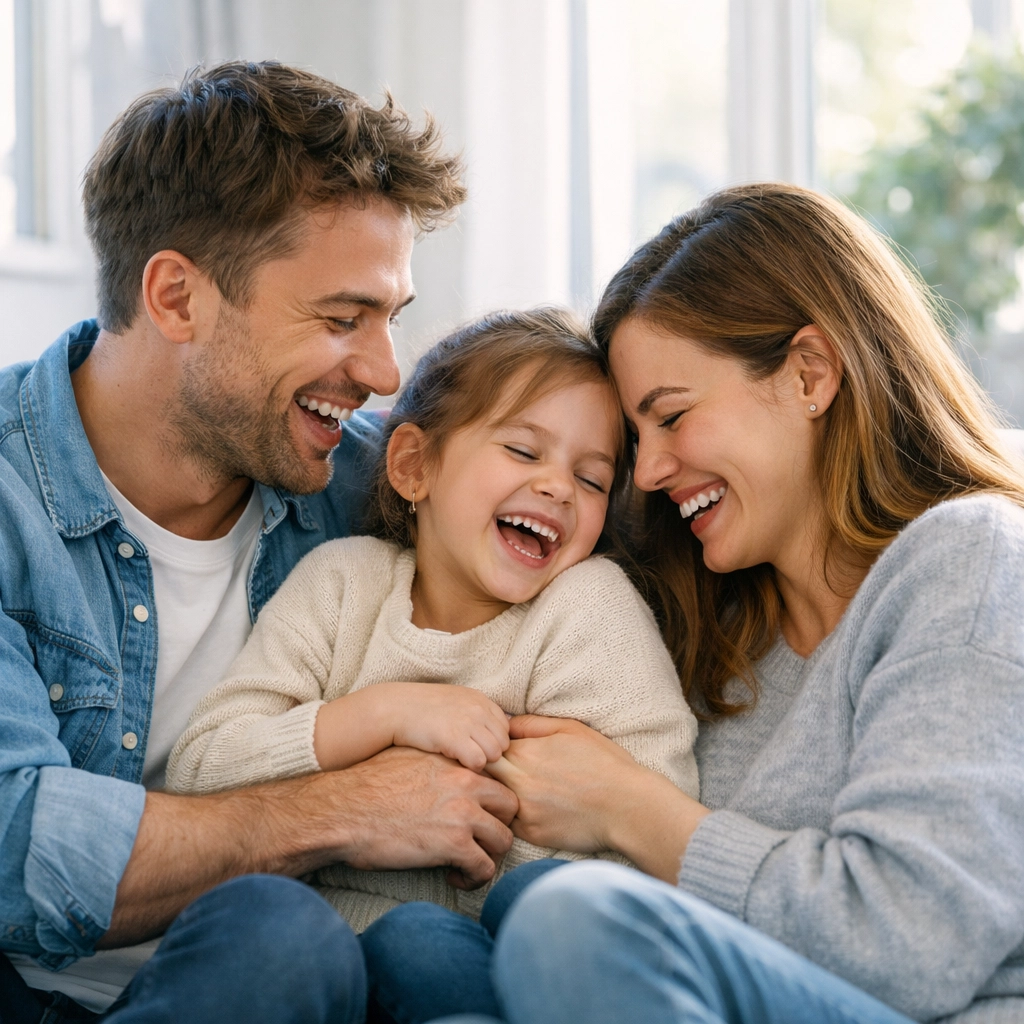 A happy family in a bright living room symbolizing the safety net of term life insurance.