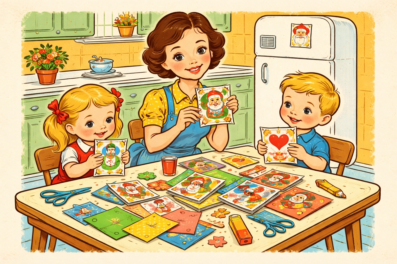 Children and a parent crafting at a kitchen table, upcycling holiday cards into new art projects
