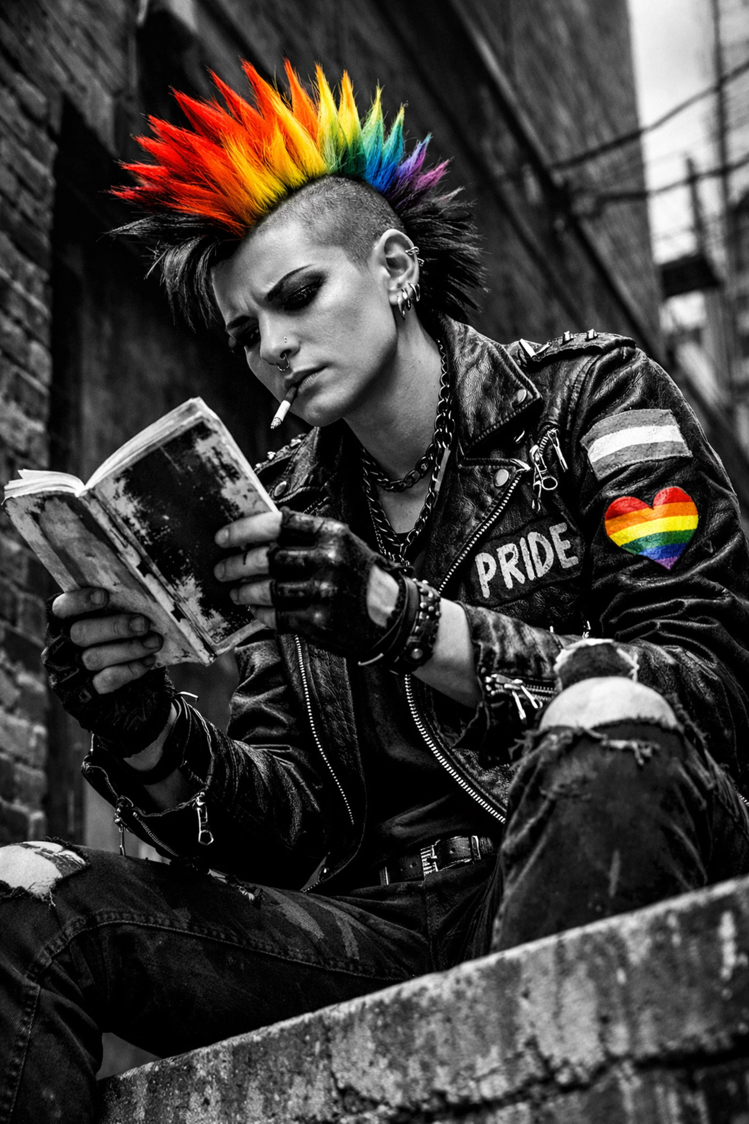 A queer punk with a rainbow mohawk reading an indie zine in an urban setting.