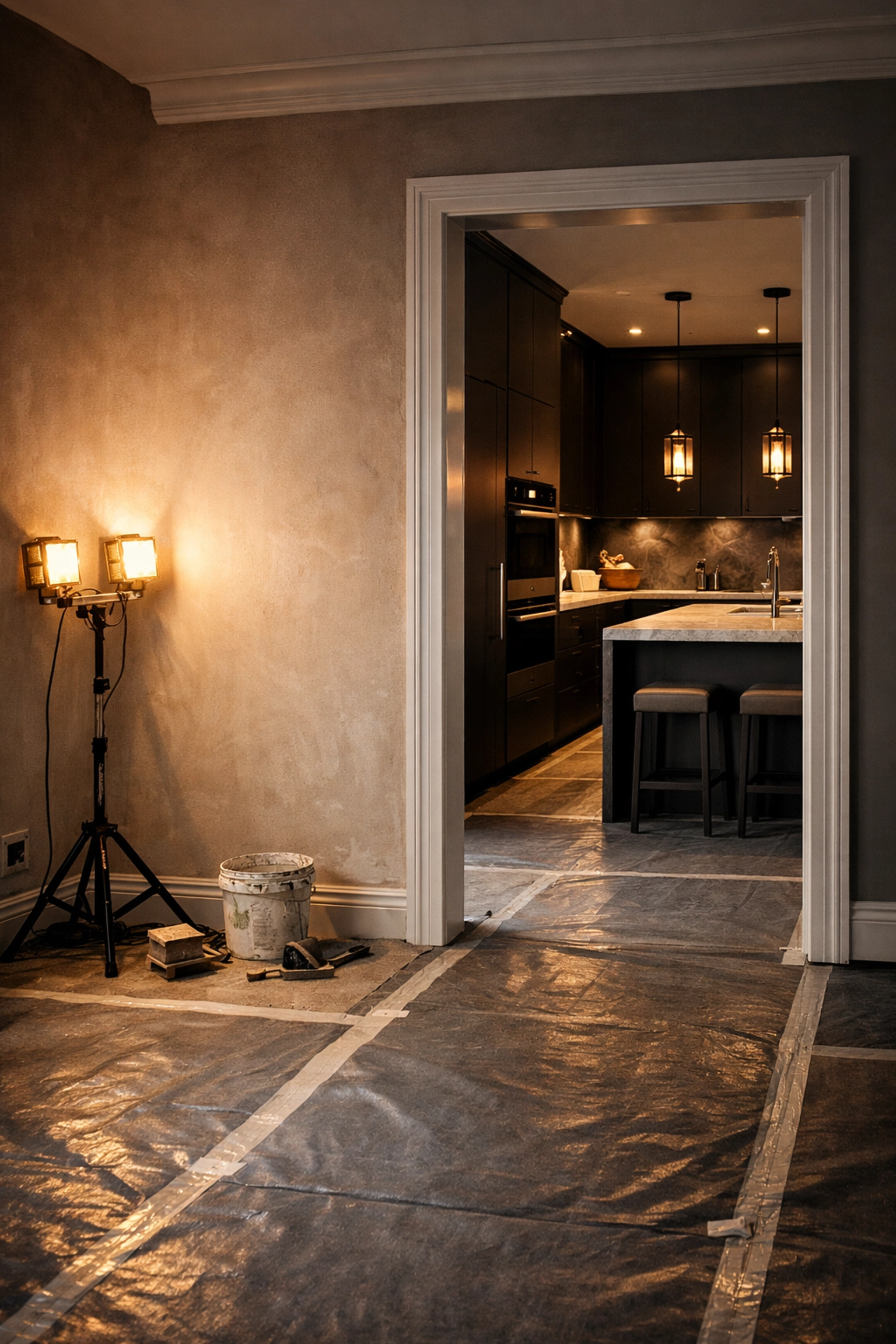 Home renovation progress featuring freshly plastered walls and a modern kitchen transition.