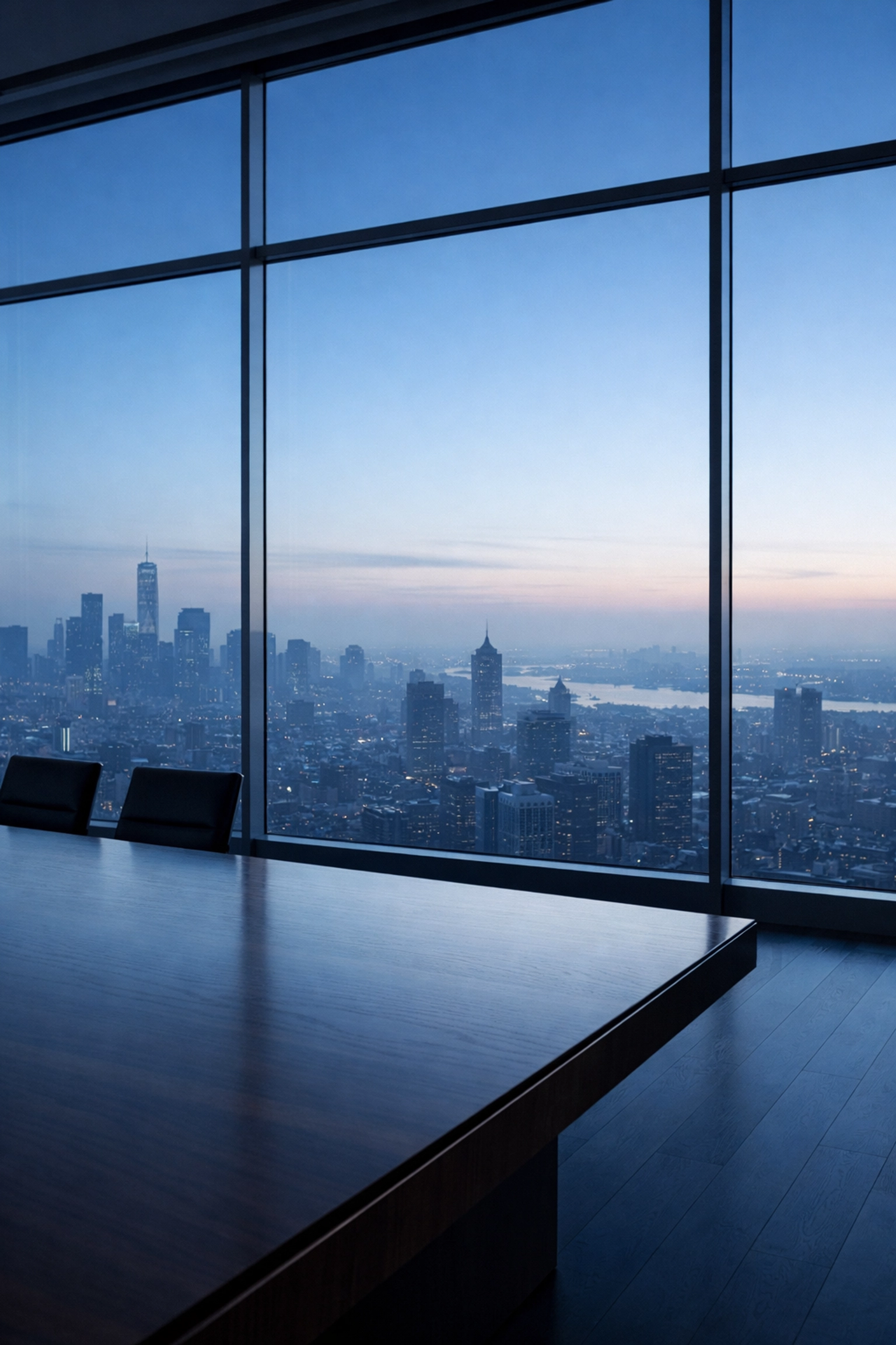 View from a high-rise office at dawn symbolizing clear financial forecasting and strategic business vision.