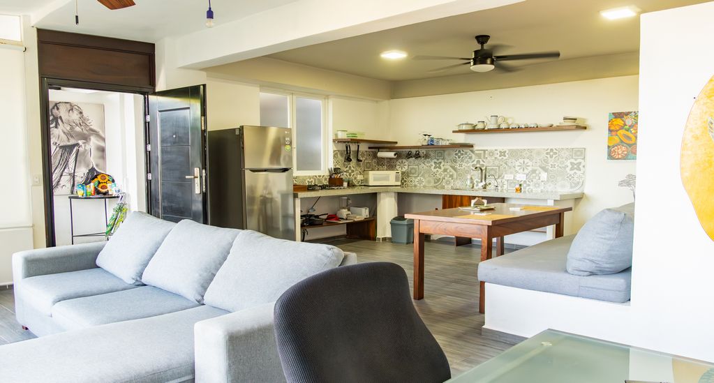 Spacious, open-concept living area with contemporary gray sofa