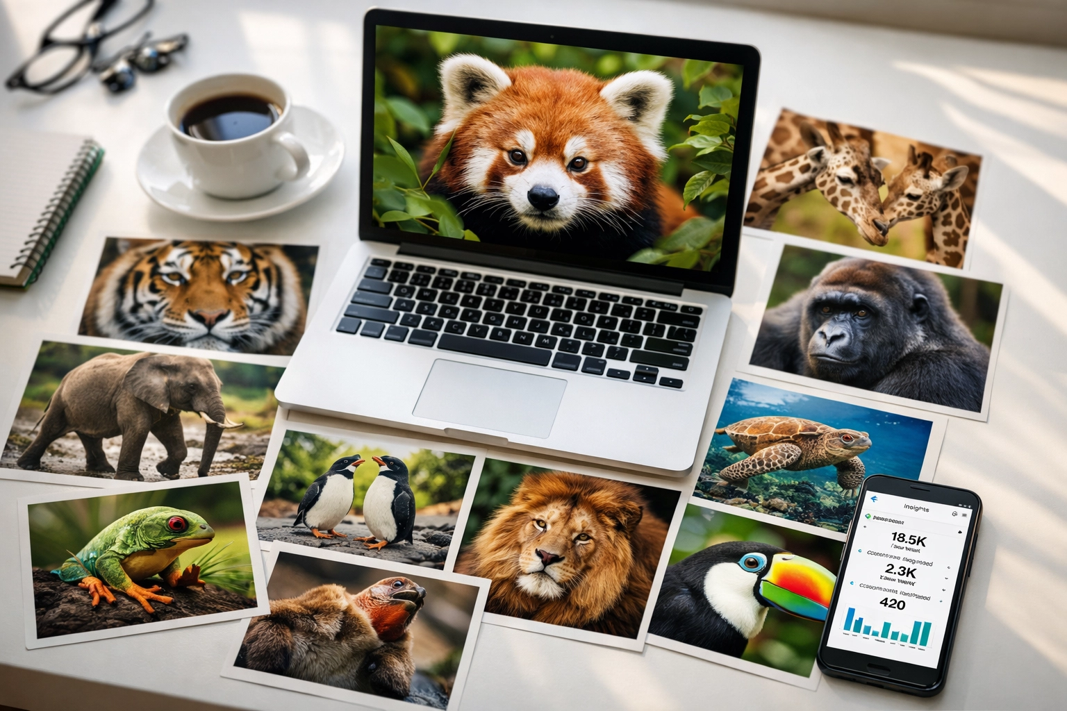 Zoo marketing workspace with professional animal stock photography and social media analytics