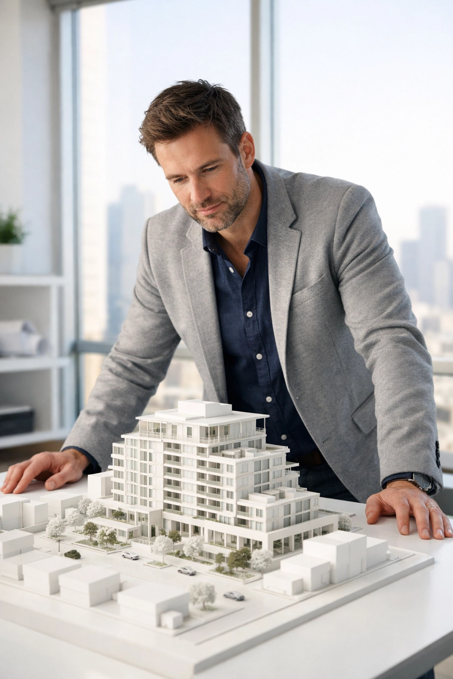 A development manager reviewing an architectural model to evaluate property development feasibility.