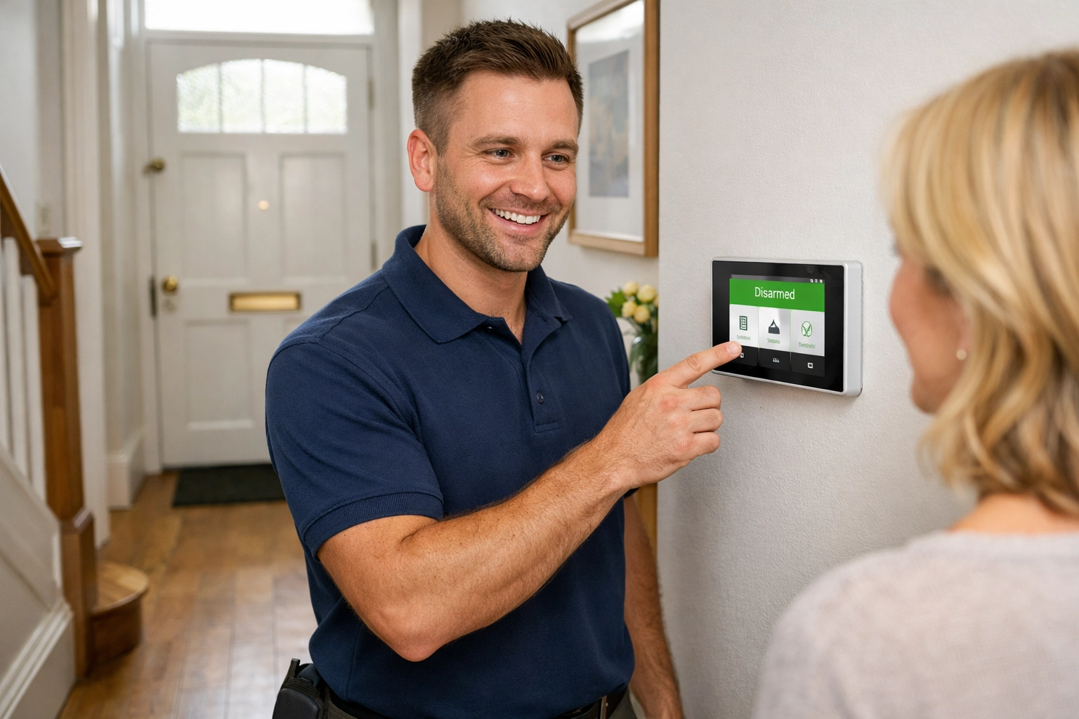 Professional security technician explaining a smart home alarm keypad to a Kidderminster homeowner.