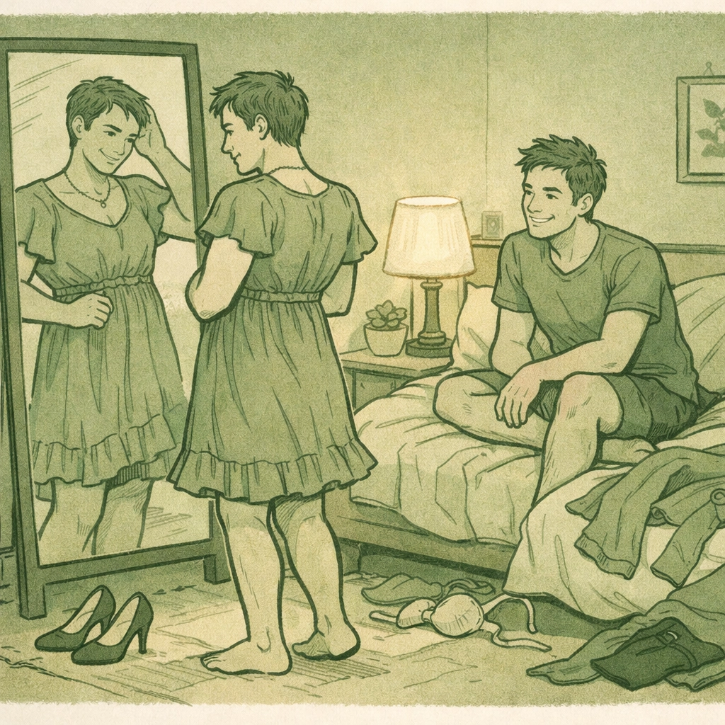 Gay couple building confidence trying on feminine clothing in supportive home