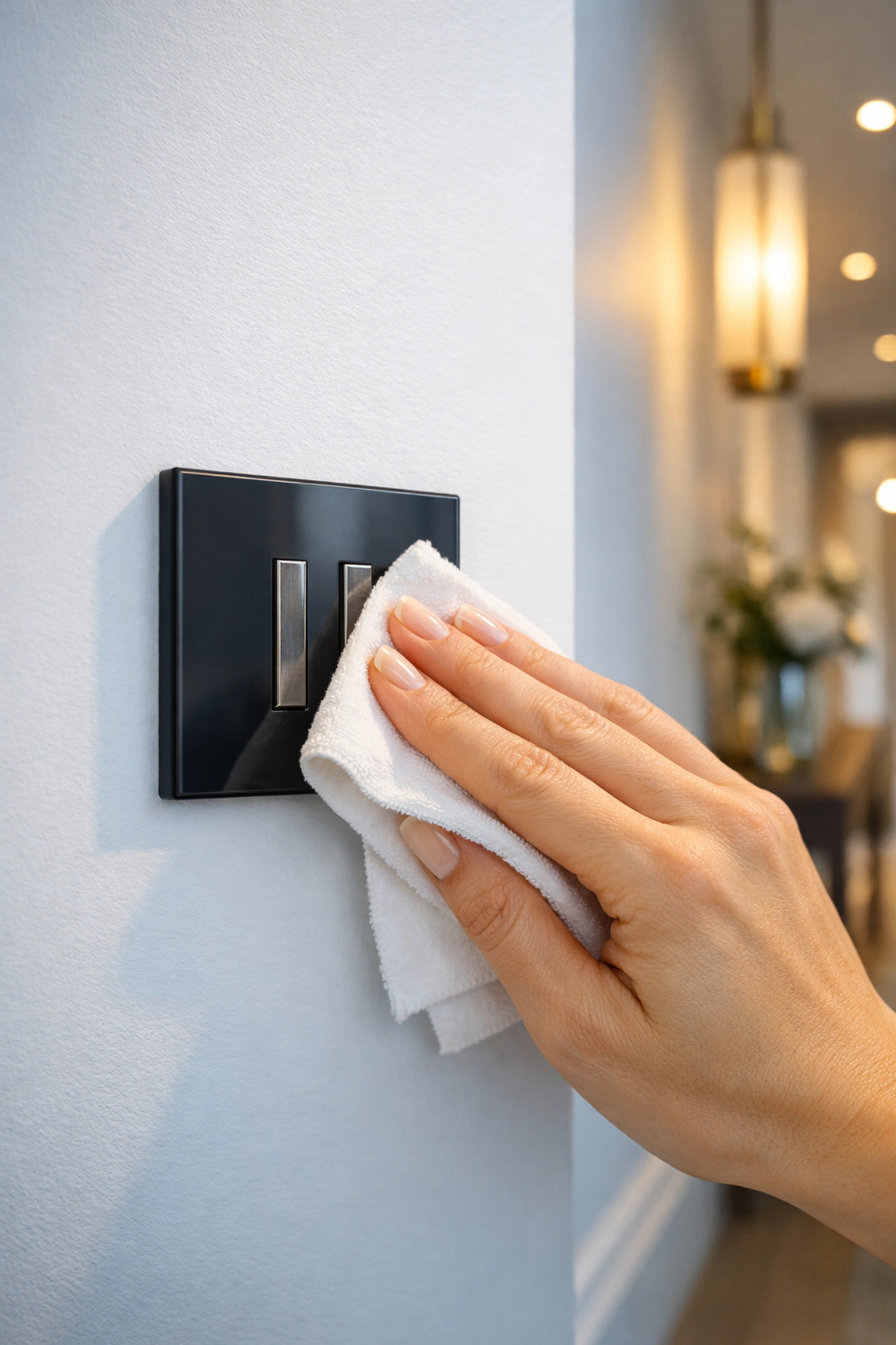 Sanitizing a light switch in a Reading home to maintain hygiene during a weekly house cleaning session.