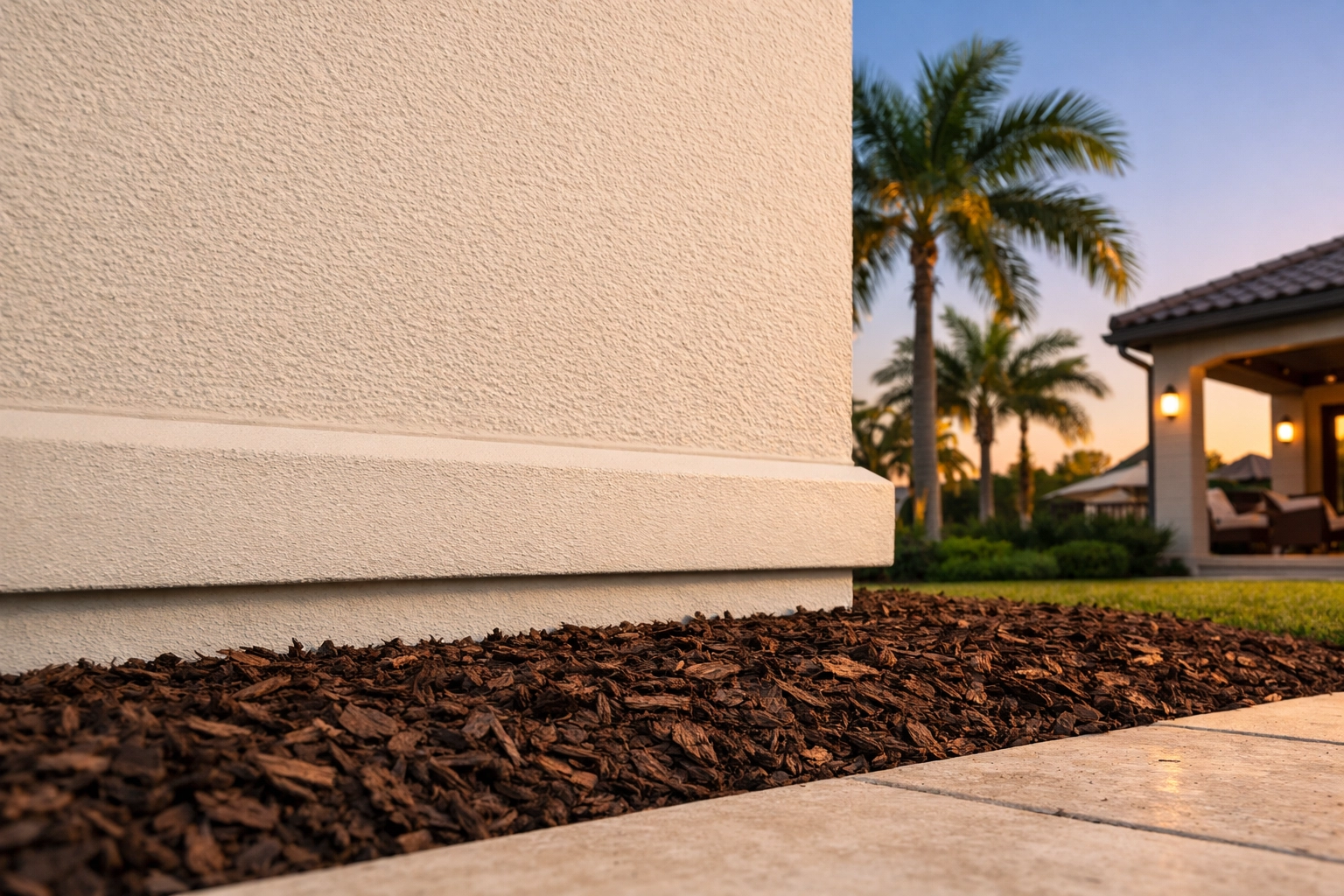 Southwest Florida home exterior demonstrating pest exclusion by keeping mulch away from the foundation.