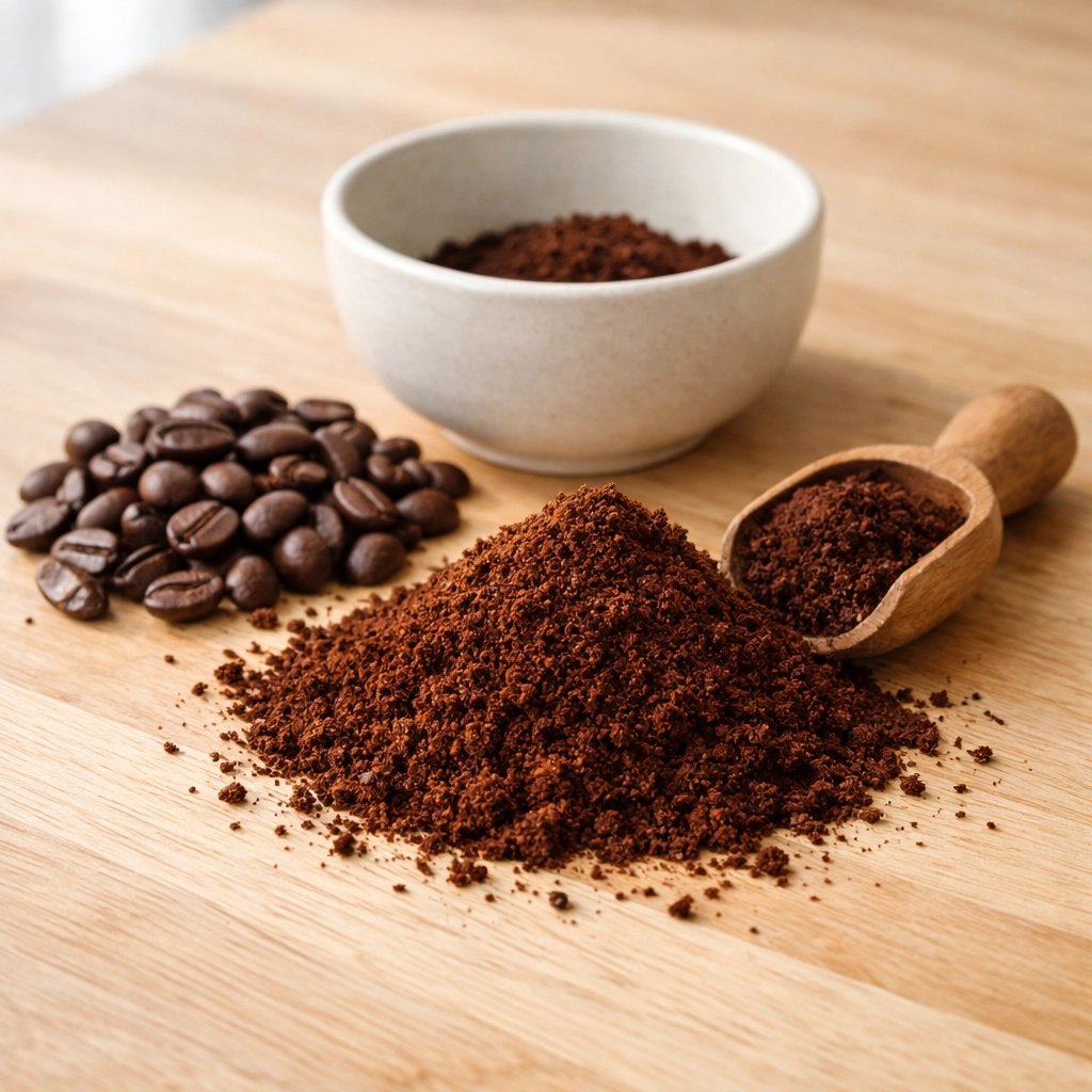 Whole coffee beans and freshly ground coffee on a wooden counter, ready for home brewing and the bloom.