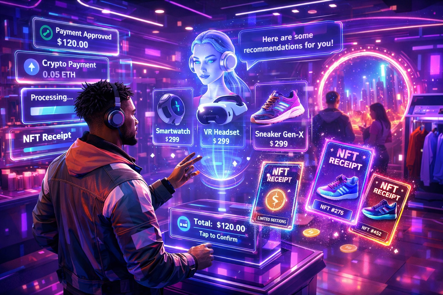 AI-powered shopping assistant facilitating crypto payments in metaverse retail
