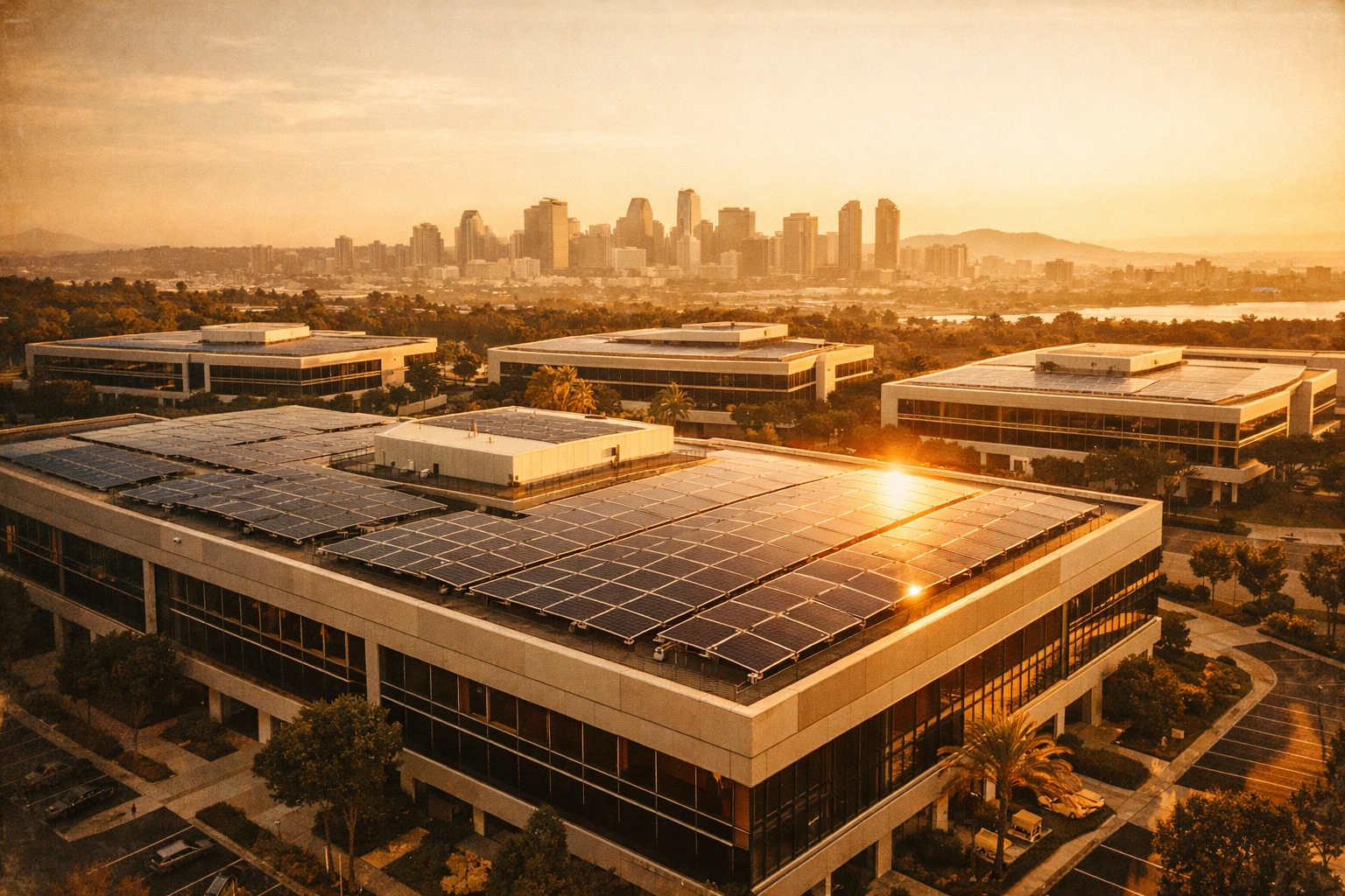 Commercial solar panels on a San Diego rooftop converting flat space into an infrastructure asset.